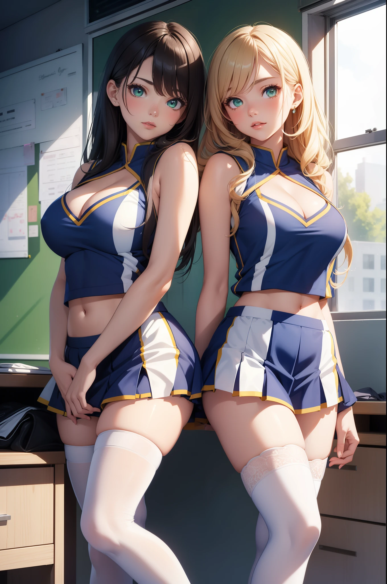 2girls, natural lighting, masterpiece, highly detailed, illustration, game CG, absurdres, high quality, glossy lips, looking at viewer, lips parted, standing, (blue cheerleader uniform), cleavage, white thigh highs, sleeveless, midriff, (multiple girls), classroom, green eyes