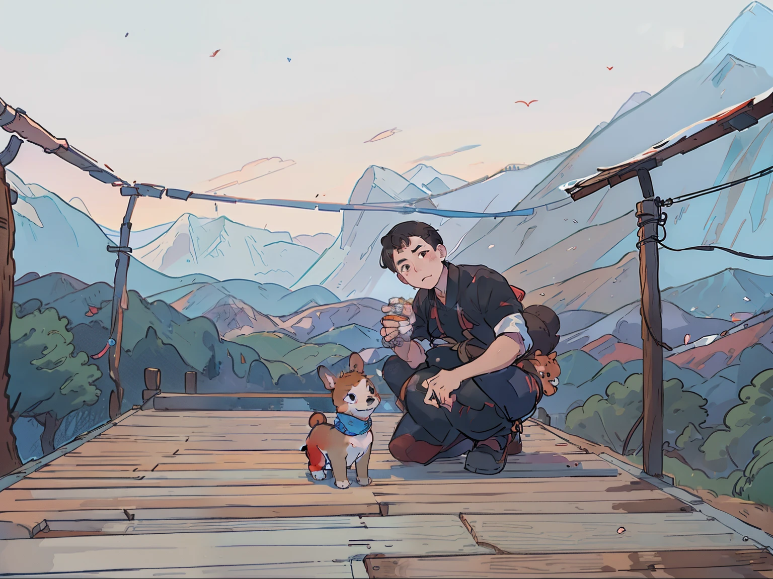 There a man and a dog kneeling on a wooden deck, The photo shows a large, yiqiang and shurakrgt, With mountains as a backdrop, with his hyperactive little dog, Shot with Sony alpha 9, Shot with Sony A7R camera, With mountains as a backdrop, Lab in the background, At the summit