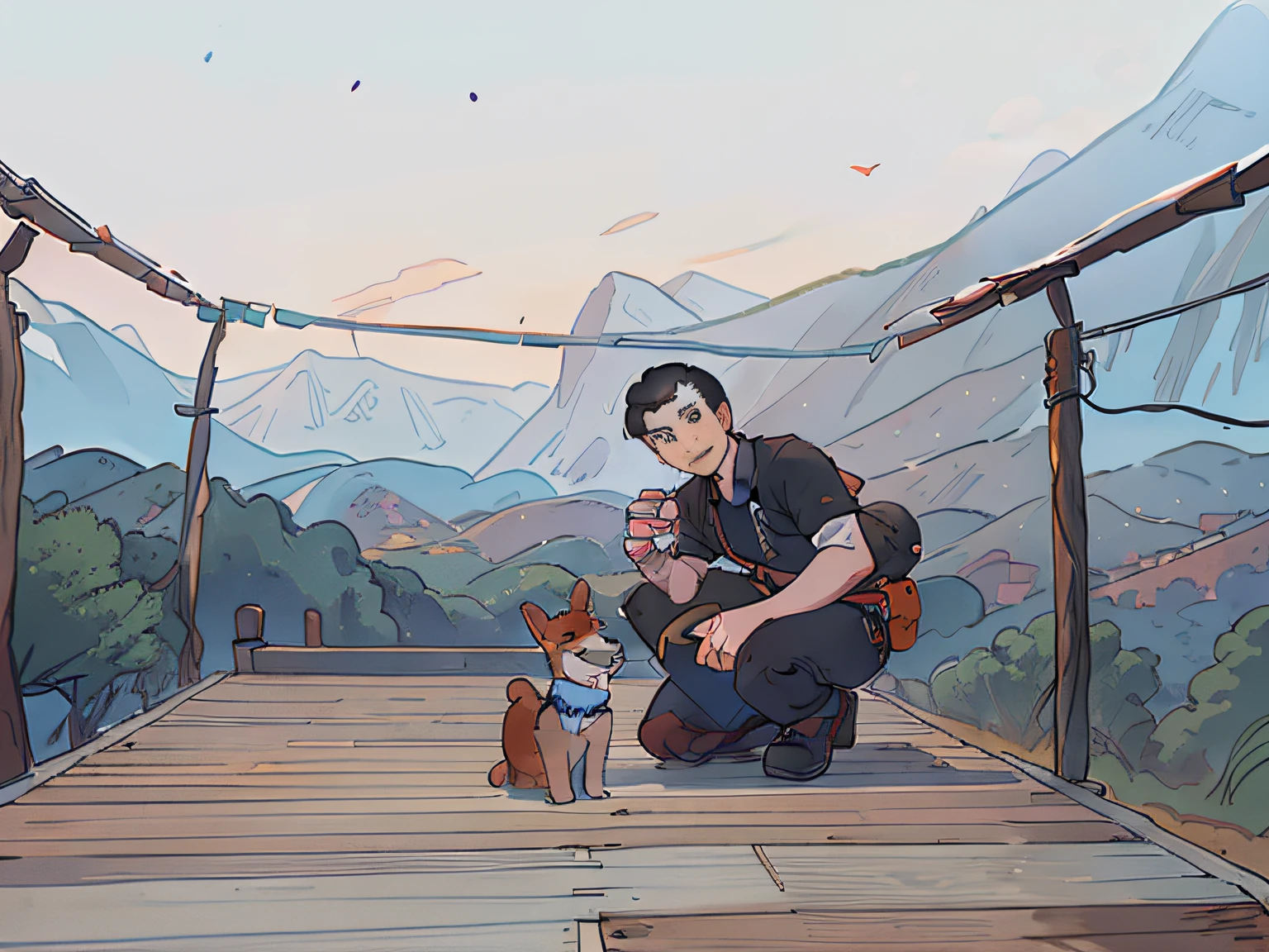 A man and a dog kneeling on a wooden deck, The photo shows a large, yiqiang and shurakrgt, With mountains as a backdrop, with his hyperactive little dog, Shot with Sony alpha 9, Shot with Sony A7R camera, With mountains as a backdrop, Lab in the background, at the summit