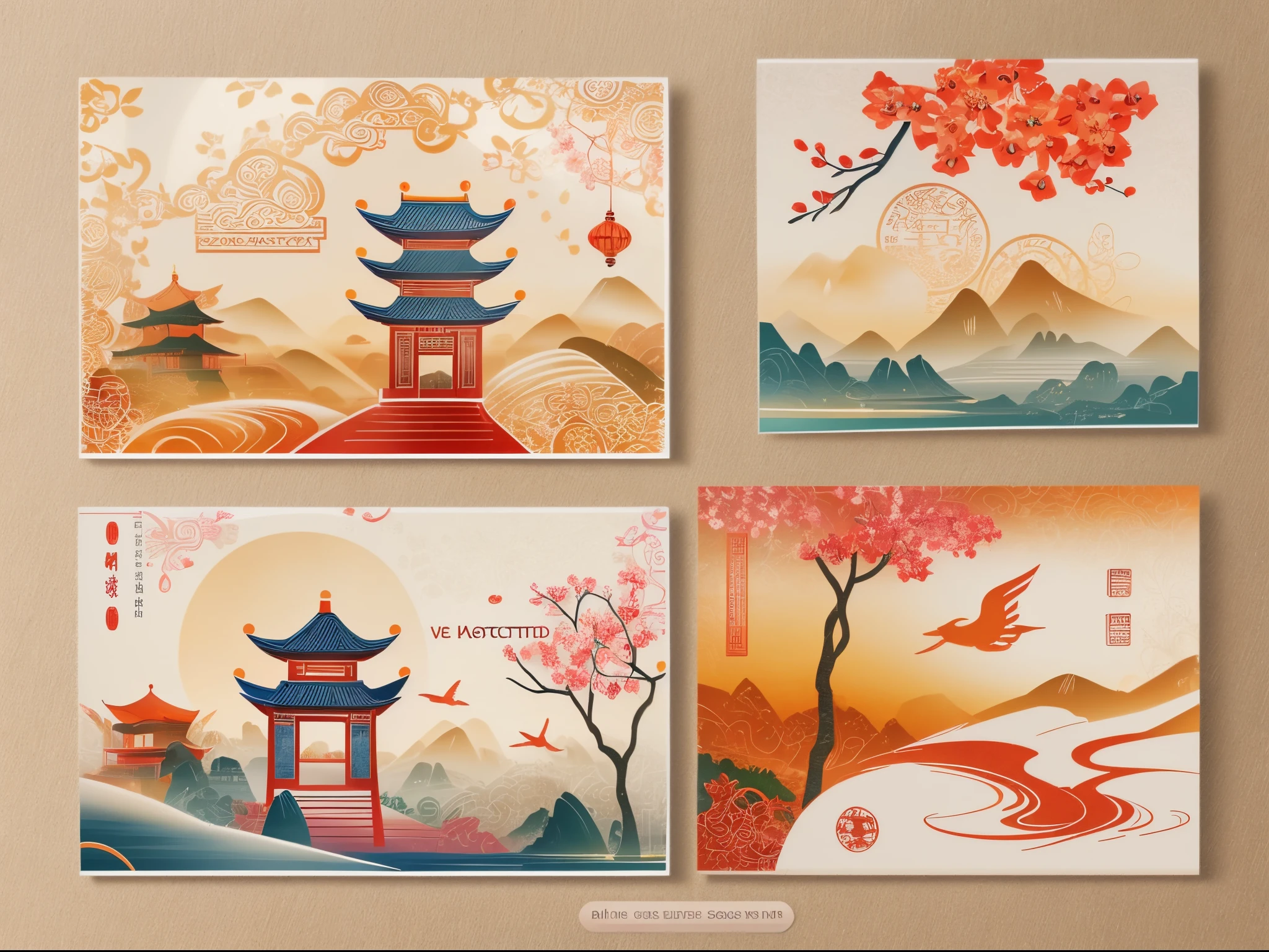 (postcard: 1.8),（China - Chic Chinese New Year Landscape，anatomy correct，Oriental elements，The Chinese New Year scene  used as the front of the postcard, and the traditional text  used as the back of the postcard），（China - stylish postcard：1.5，Vector painting：1.5），（Chinese colors，senior color matching，gradient backgrounds，white border frame: 1.5），（The  very detailed，Reasonable design，Clear lines，High- sharpnesest qualtiy，tmasterpiece，offcial art，movie light effect，4K）