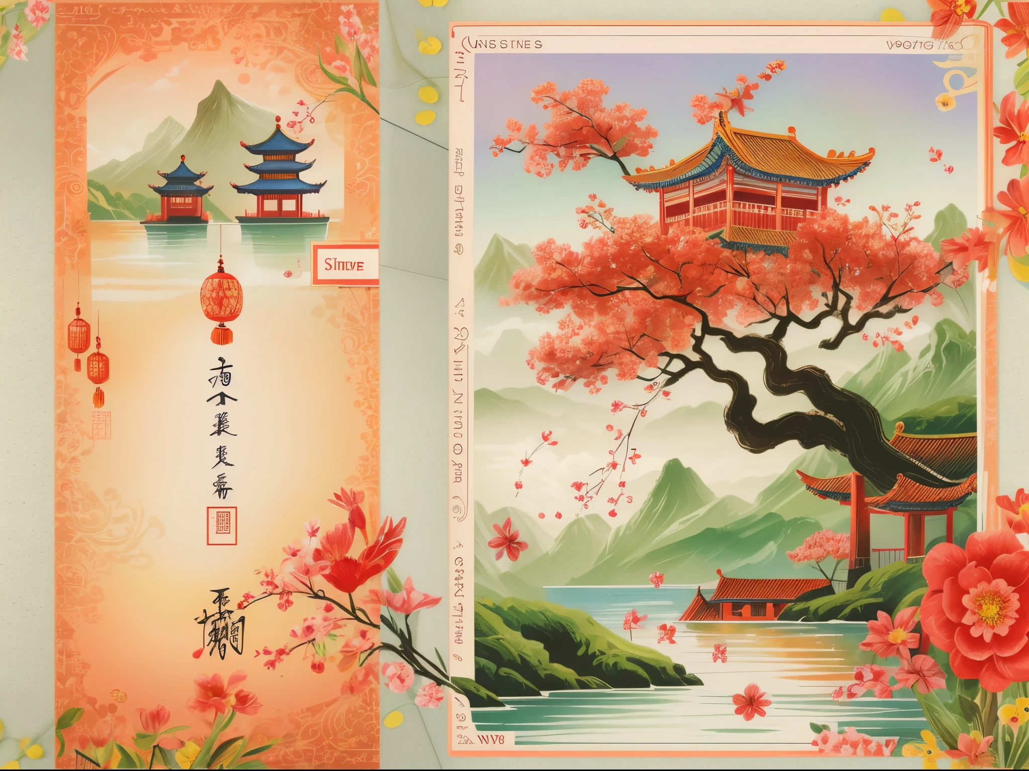 (postcard: 1.8),(China - Chic Chinese New Year Landscape,anatomy correct,Oriental elements,The Chinese New Year scene used as the front of the postcard, and the traditional text used as the back of the postcard),(China - stylish postcard:1.5,Vector painting:1.5),(Chinese colors,senior color matching,gradient backgrounds,white border frame: 1.5),(The very detailed,Reasonable design,Clear lines,High- sharpnesest qualtiy,tmasterpiece,offcial art,movie light effect,4K)