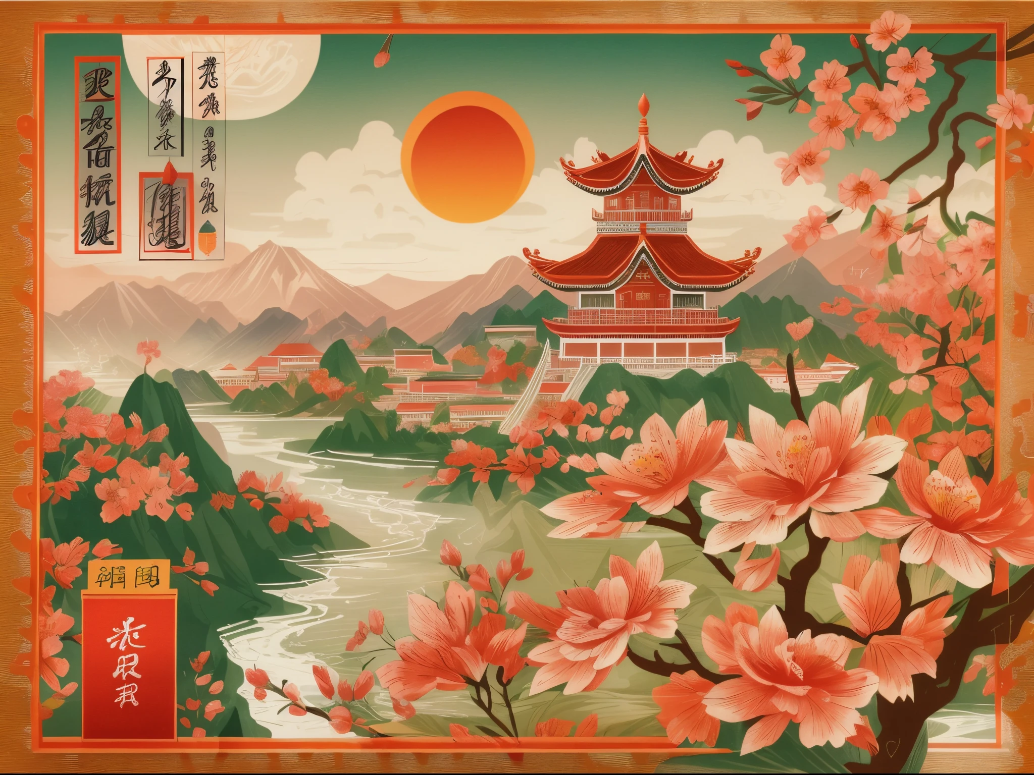 (postcard: 1.8),（China - Chic Chinese New Year Landscape，anatomy correct，Oriental elements，The Chinese New Year scene  used as the front of the postcard, and the traditional text  used as the back of the postcard），（China - stylish postcard：1.5，Vector painting：1.5），（Chinese colors，senior color matching，gradient backgrounds，white border frame: 1.5），（The  very detailed，Reasonable design，Clear lines，High- sharpnesest qualtiy，tmasterpiece，offcial art，movie light effect，4K）