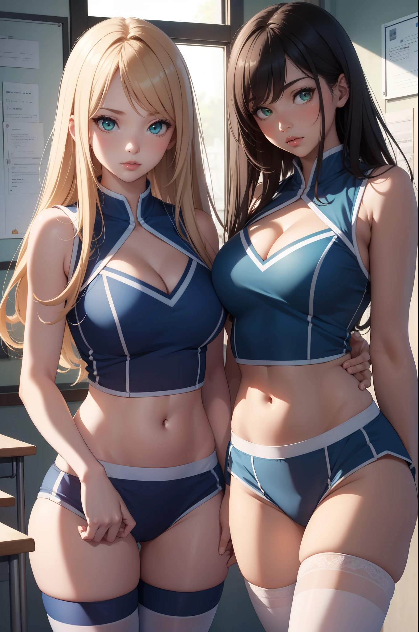 2girls, natural lighting, masterpiece, highly detailed, illustration, game CG, absurdres, high quality, glossy lips, looking at viewer, lips parted, standing, (blue cheerleader uniform), cleavage, white thigh highs, sleeveless, midriff, (multiple girls), classroom, green eyes