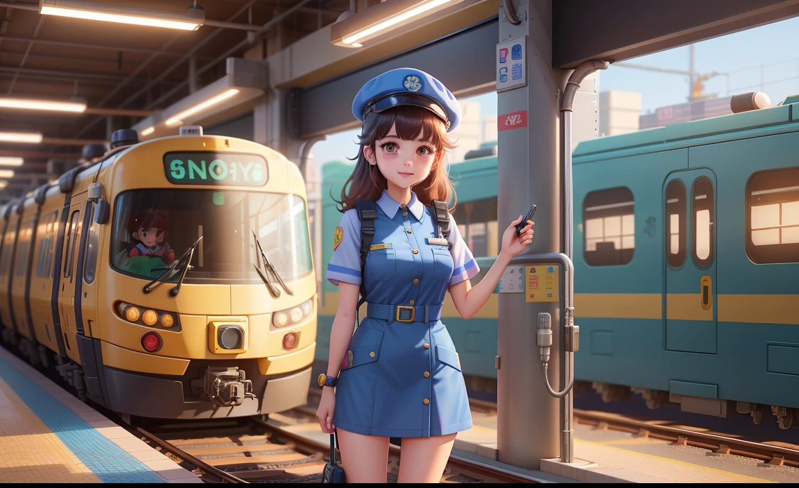 A manga of a girl dressed as a station staff member inside the station, cute detailed digital art, mobile game art, Cartoon style illustration, children's art in artstation, Cute digital art, Adorable Digital Painting, Cute art style, Game Illustration, official illustrations, game art, stylized game art, cute 3d render, Cute characters, atey ghailan 8 k