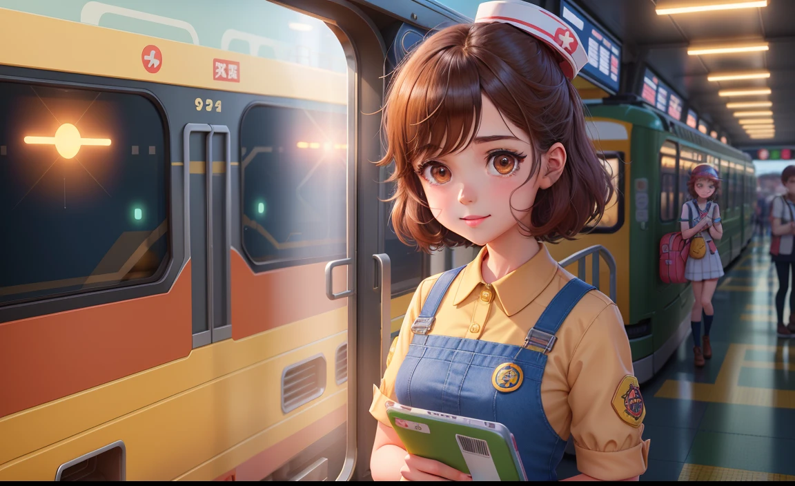 A manga of a girl dressed as a station staff member inside the station, cute detailed digital art, mobile game art, Cartoon style illustration, children's art in artstation, Cute digital art, Adorable Digital Painting, Cute art style, Game Illustration, official illustrations, game art, stylized game art, cute 3d render, Cute characters, atey ghailan 8 k