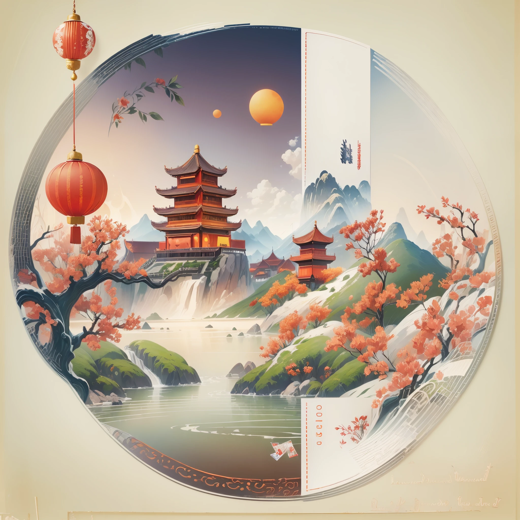 (postcard: 1.8),（China - Chic Chinese New Year Landscape，anatomy correct，Oriental elements），（China - stylish postcard：1.5，Vector painting：1.5），（Chinese colors，senior color matching，gradient backgrounds)，(white border frame: 1.8），（The  very detailed，Reasonable design，Clear lines，High- sharpnesest qualtiy，tmasterpiece，offcial art，movie light effect，4K）