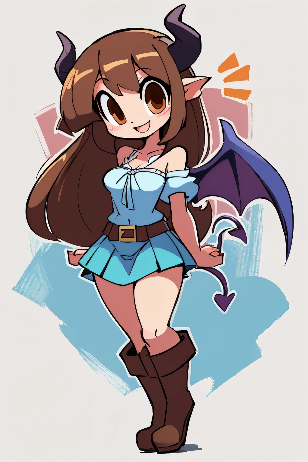 (a tall female succubus with long hair, brown hair, little horns, succubus tail, succubus wings, pale skin, medium chest, slim thighs, round head, round chin, and big brown eyes) wearing (a cyan blouse, blue skirt, leather belt, brown boots), ((full body)), full body, happy, looking at viewer, by minus8, by diives
