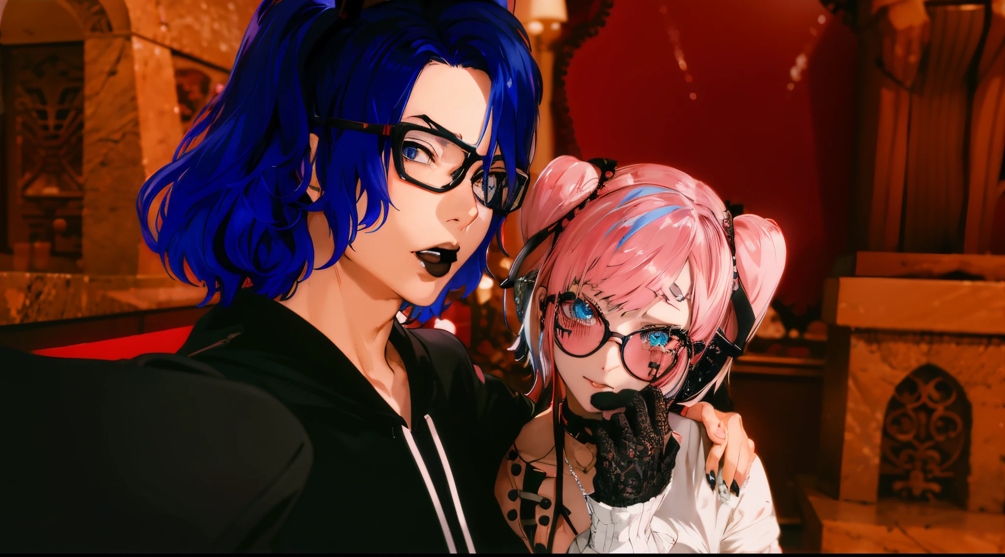 anime characters with blue hair and black glasses posing for a picture, nixeu and sakimichan, vrchat, kda and sam yang, second life avatar, ddlc, hints of yayoi kasuma, calmly conversing 8k, persona 5 inspired, goth family, persona 5 style