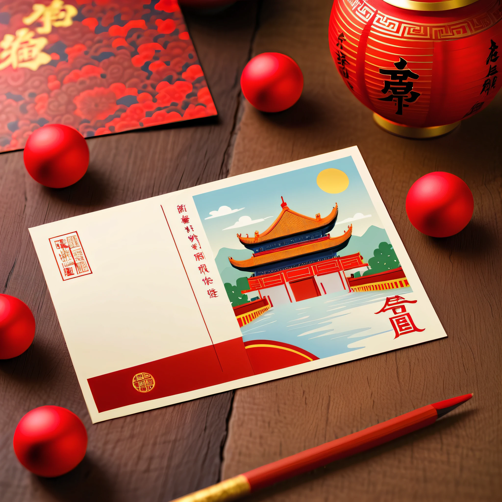 (There a beautiful postcard on the table: 1.5), Chinese New Year scene as front of postcard, and use traditional text on the back of the postcard.