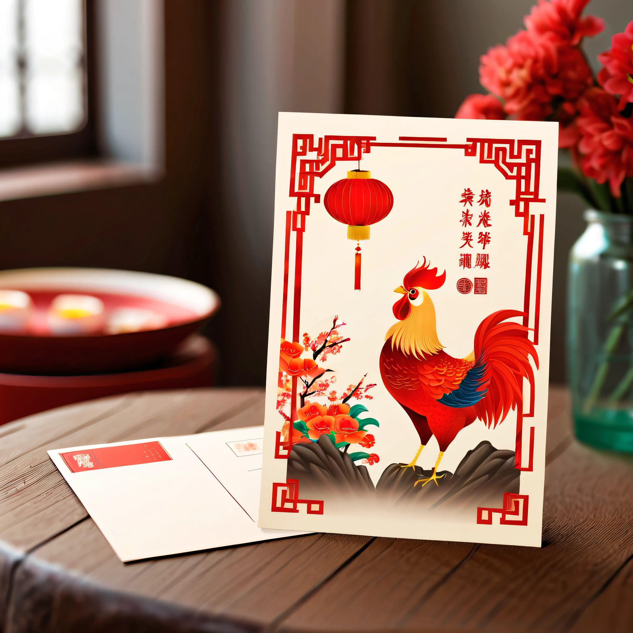 (There a beautiful postcard on the table: 1.5), Chinese New Year scene as front of postcard, and use traditional text on the back of the postcard.