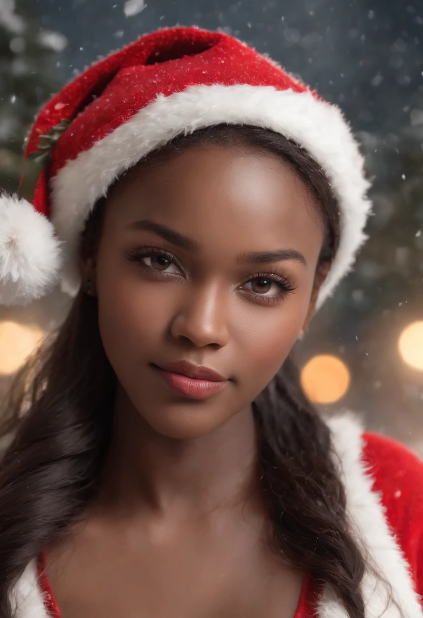 ((Very Dark African skin, Very deep ebony skin)), ((Its beauty undeniable)), ((Excited cute face)), ((Hyper detailed perfect eyes,)), ((attitude shocked)), ((Language output)), ((Seductive )), sexy, ((( Christmas Hat), Warm winter clothes), Tight jeans)), ((Braided African hair,)), (( skin)), ((distance, side)), ((Christmas tree, snow, city)), Sharp Focus CGI, photoreallistic, High detail, Realstic, Masterpiece, absurd, Best quality, Hdr, High quality, high-definition, Extremely detailed, 8k wallpaper, Intricate details, 8K UHD, Full-HD, (photo realist:1.2), contrast, intense illumination, lighting cinematic, natural lighting, hard light, backlight, Iglobal illumination, ambient occlusion