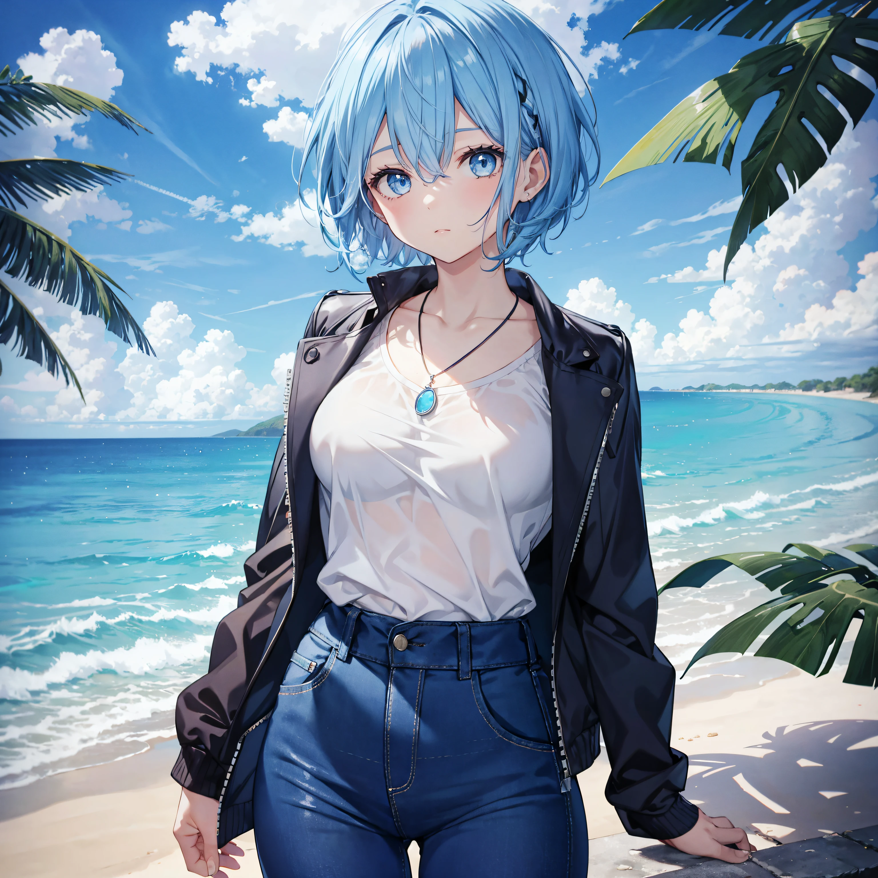 1girl, blue hair, short hair, blue shirt, blue eyes, long blue pants, jacket put on waist, necklace. ocean background