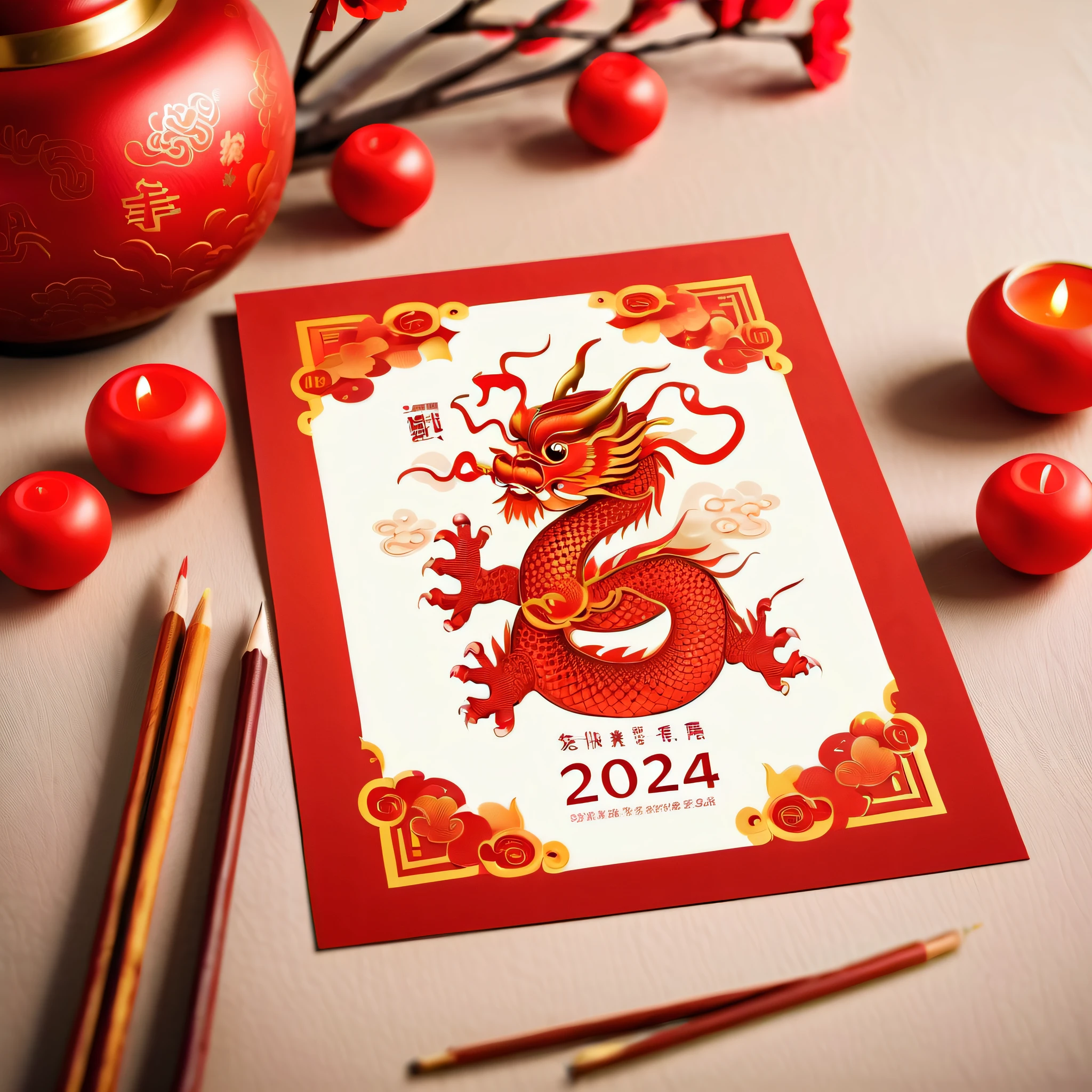 (There  a beautiful postcard on the table: 1.5), Use the 2024 Spring Festival scene, Dragon, As the front of a postcard, and use traditional text for the back of the postcard.