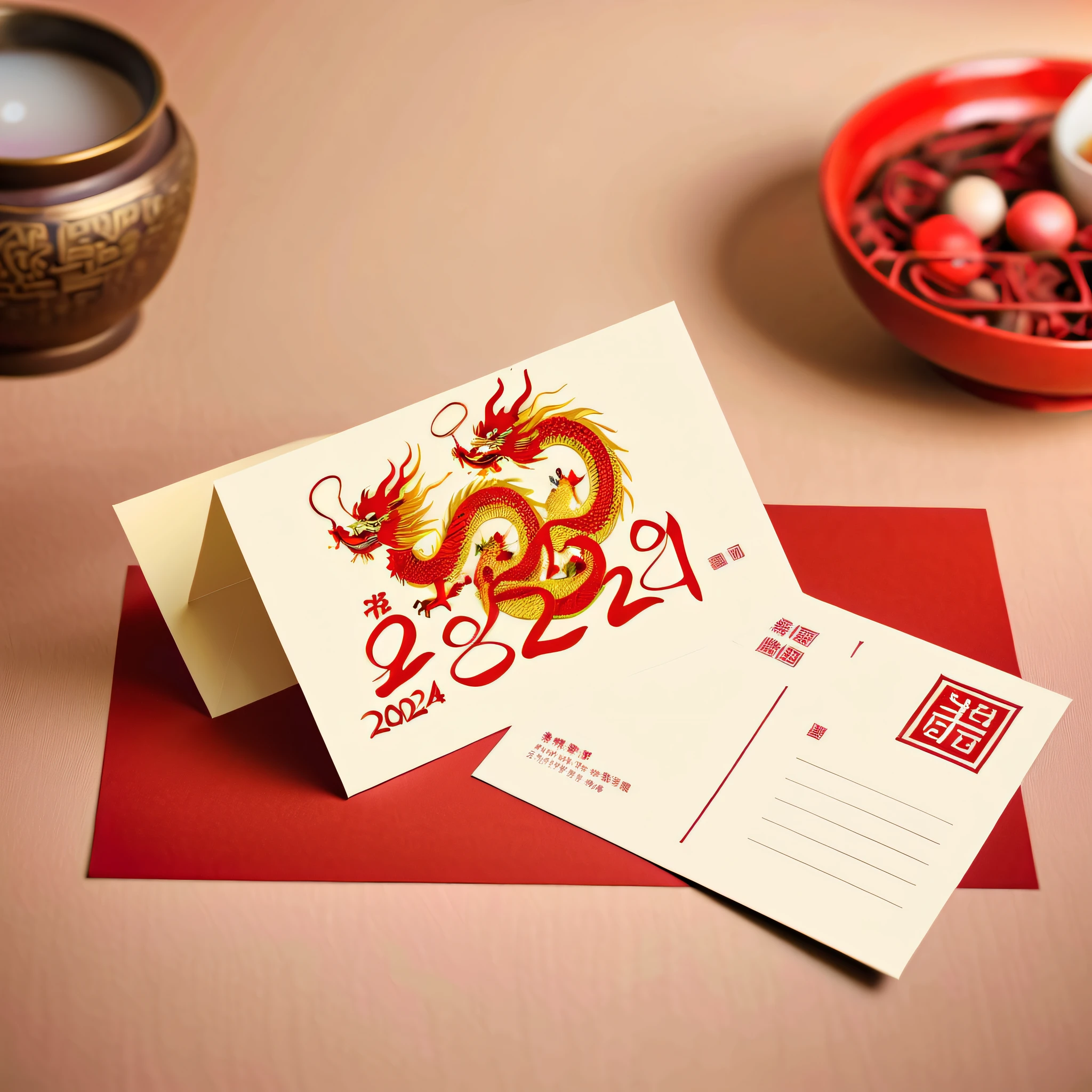 (There a beautiful postcard on the table: 1.5), Use the 2024 Spring Festival scene, Dragon, As the front of a postcard, and use traditional text for the back of the postcard.