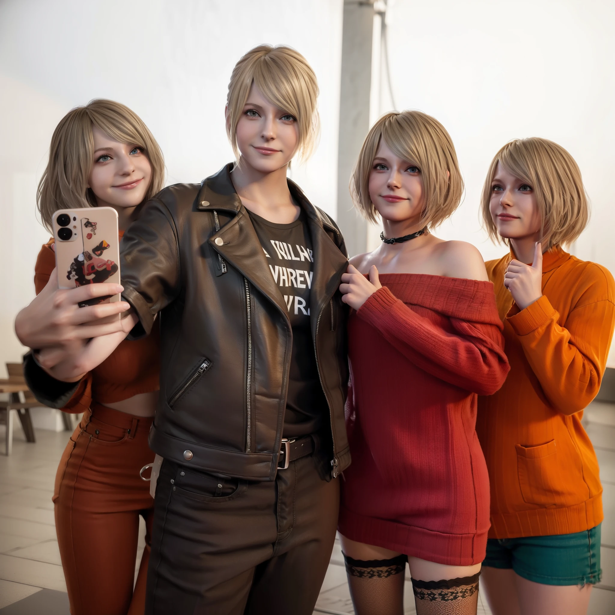 Ashley 25 old years, short blonde hair, wearing t-shirt, happy expression, little smile, selfie style