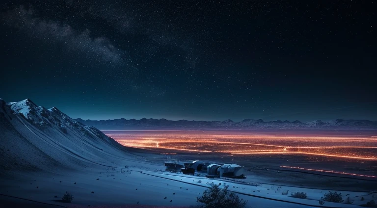 An unexplored world, magic world, bioluminescense, "Masterpiece, Best Quality, Ultra-detailed, extremely detailed Mars CG 4k wallpaper,. Environment with a dynamic atmosphere, Focus on space landscape with wide scene range and high shutter speed, Mountain plateau, clear starry sky, sunset, 120 units of radar dishes are located throughout the plateau, in the middle of the plateau, the building of the observation center for command and control, military guard barracks, checkpoint post, hangars at the foot of the mountain range, cosmodrome for space shuttles, military fighter shuttles, the entire territory of the space observation station and the cosmodrome is surrounded by a high fence made of metal mesh and barbed wire, on both sides of the plateau there is a tunnel for a high-speed mono-flight, a mono-flight station, a train comes out of the tunnel.