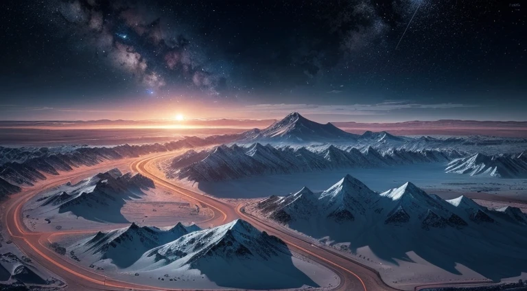 An unexplored world, magic world, bioluminescense, "Masterpiece, Best Quality, Ultra-detailed, extremely detailed Mars CG 4k wallpaper,. Environment with a dynamic atmosphere, Focus on space landscape with wide scene range and high shutter speed, Mountain plateau, clear starry sky, sunset, 120 units of radar dishes are located throughout the plateau, in the middle of the plateau, the building of the observation center for command and control, military guard barracks, checkpoint post, hangars at the foot of the mountain range, cosmodrome for space shuttles, military fighter shuttles, the entire territory of the space observation station and the cosmodrome is surrounded by a high fence made of metal mesh and barbed wire, on both sides of the plateau there is a tunnel for a high-speed mono-flight, a mono-flight station, a train comes out of the tunnel.