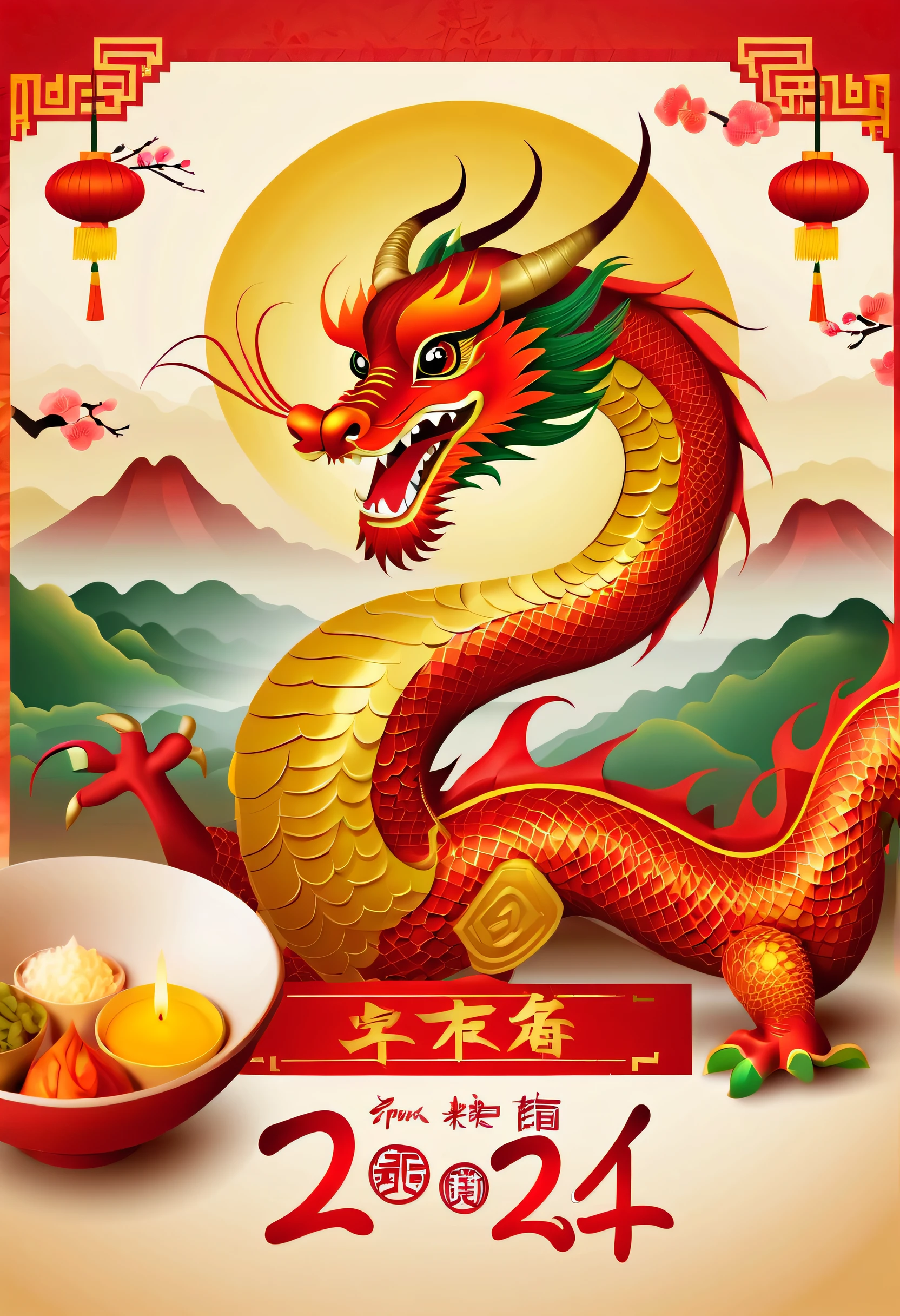 (There a beautiful postcard on the table: 1.5), Use the 2024 Spring Festival scene, Dragon, As the front of a postcard, and use traditional text for the back of the postcard.