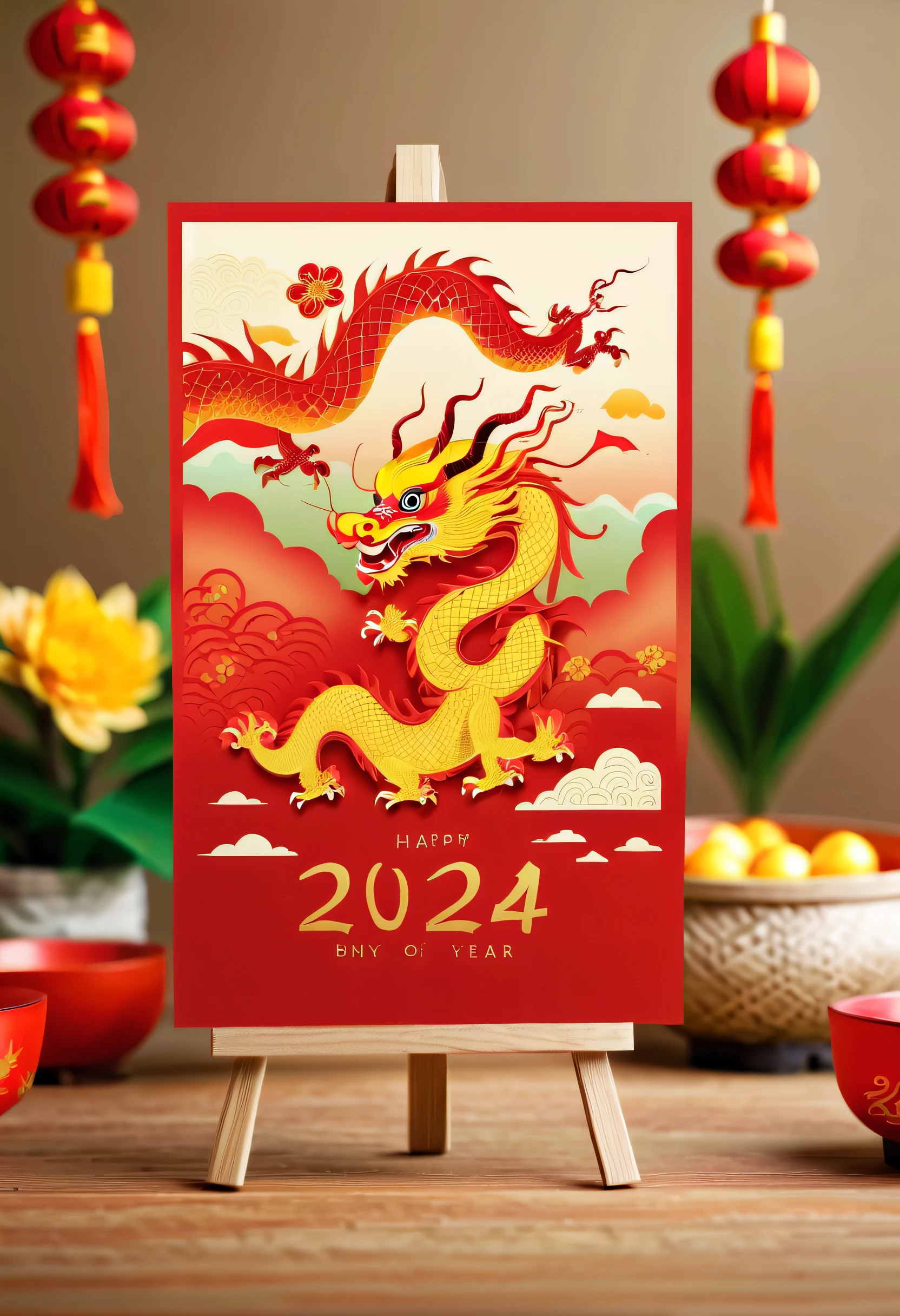 (There  a beautiful postcard on the table: 1.5), Use the 2024 Spring Festival scene, Dragon, As the front of a postcard, and use traditional text for the back of the postcard.