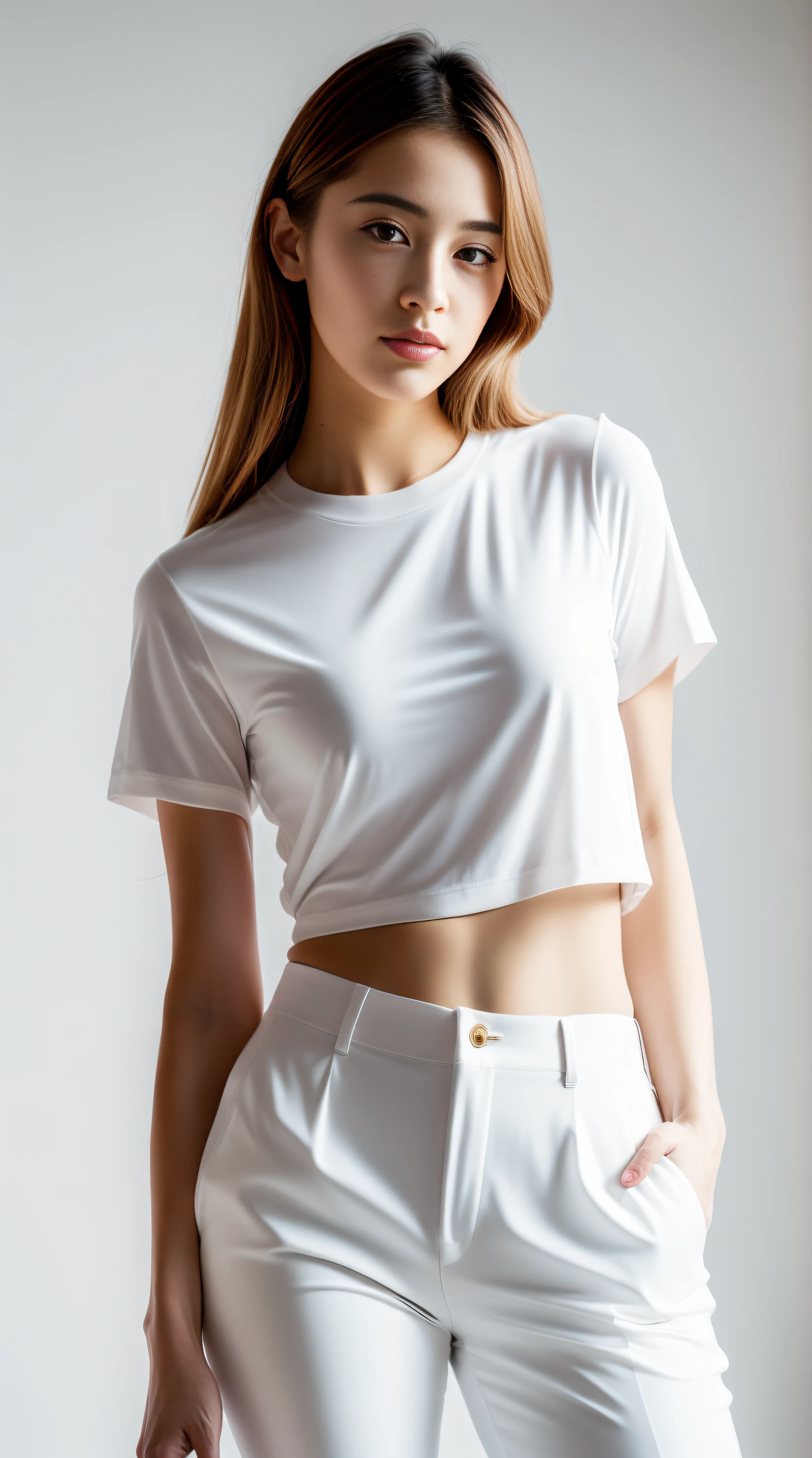 Fashion model 20 years old [[[[Close-up cleavage]]]], [[[[climaxing]]]], [[[[rapeseed]]]], [[[[shoulder]]]], perfect  eyes, Perfect iris，perfect lips，perfect teeth，Perfect Skin，soft front lighting，glowing light，HighDynamicRange，Pure white costume，tee shirt，Cropped pantully body photo，4K Ultra HD, 超高分辨率, (realistically: 1.4), Best quality，tmasterpiece，Ultra-diluted，（pastel colour：1.2）