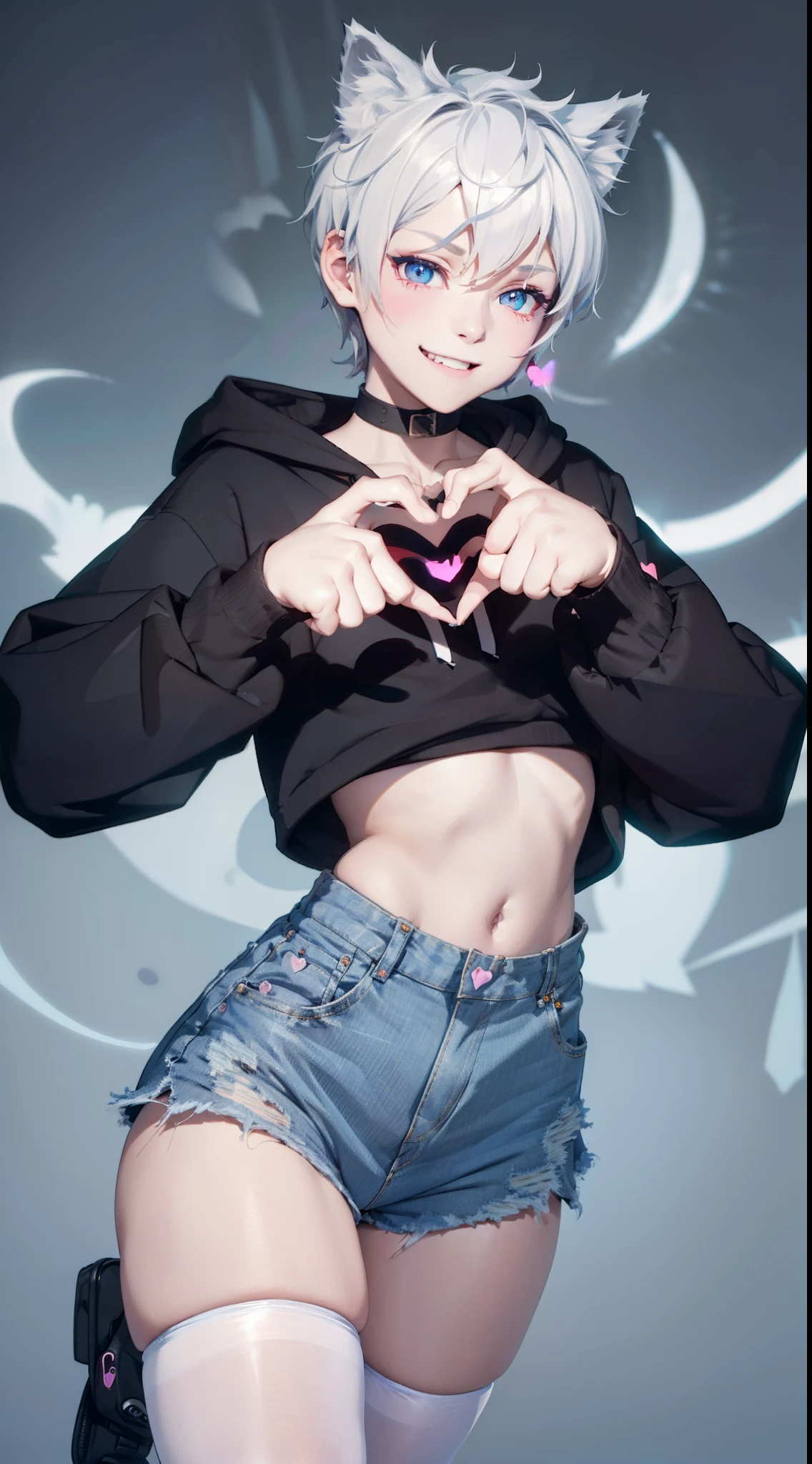 Masterpiece, wide smile, feminine boy with short (white hair), punk hair style, half shaved hair style, (horny face expression), has wolf ears, had wolf tail, (heart hands:1.5), wearing denim shorts and a cropped black hoodie, thick thighs, wide hips, wearing thigh high socks, solo, alone, no wolves, showing belly, has glowing blue eyes, flat chest