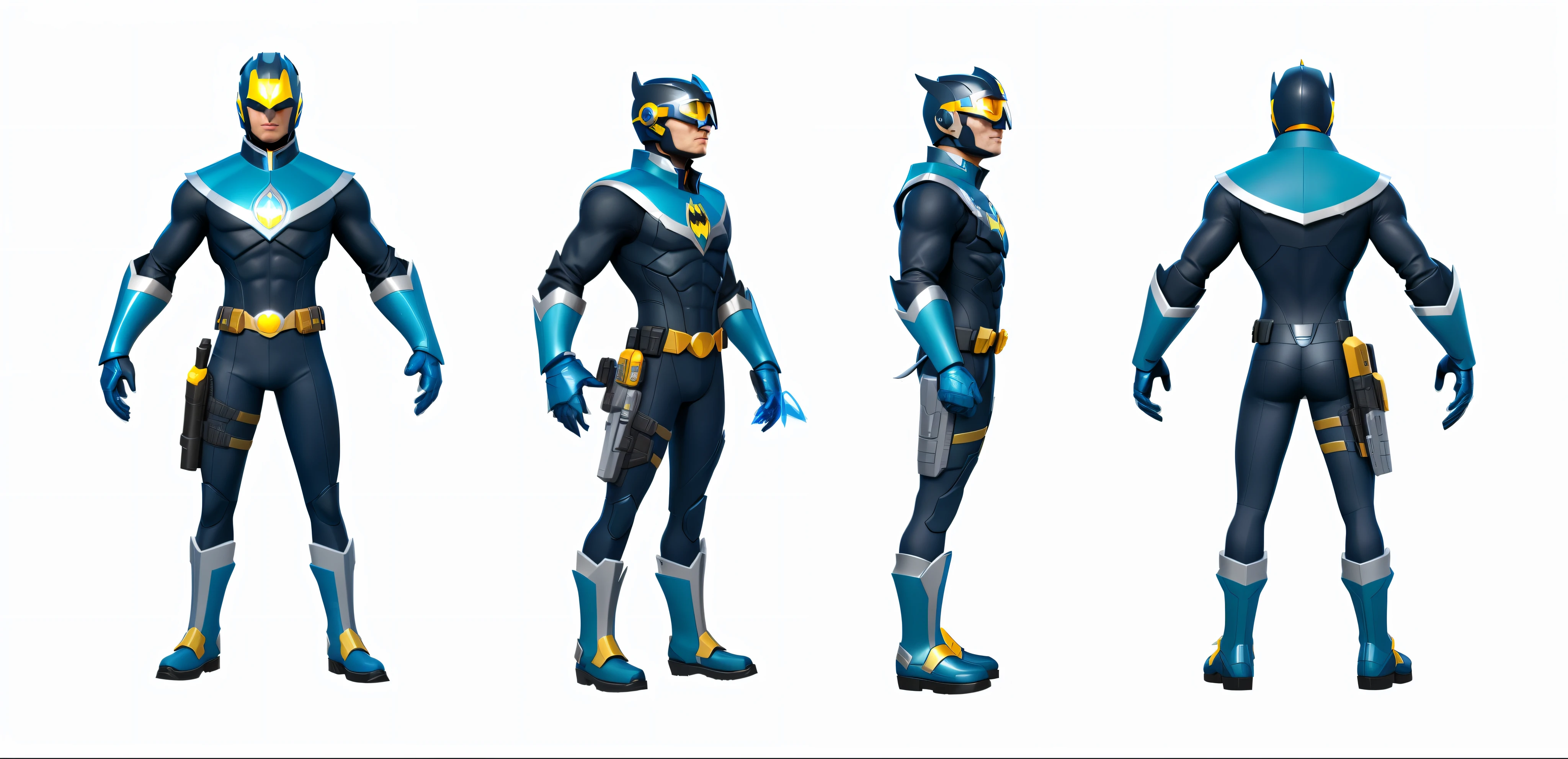 a close up of a person in a blue and black suit, wearing dark grey helmet with yellow sci fi eye goggles, glowing batman eyes, expert high detail concept art, character design police man, character model sheet turnaround, 3 d character reference sheet, 3 d character concept, cyclops, stylized character, high detail iconic character, character model sheet, character design police man!!, merged character, full body concept, character concept model, superhero