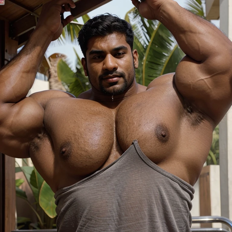 Indian bulky muscular man with big pecs showing very thick black hairly pits