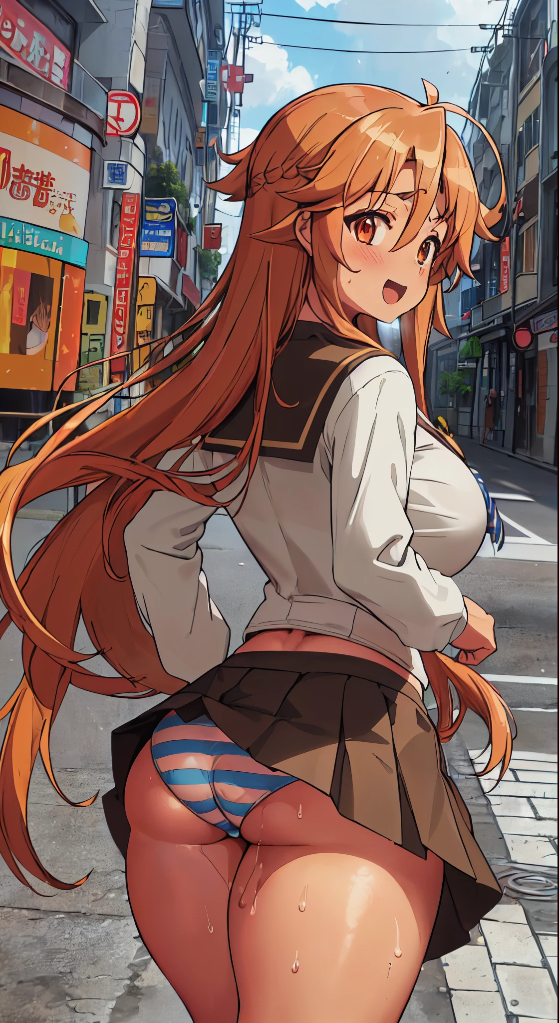 (( 1girl in)), NSFW、blush,(well-muscled)、Brown skin、Golden hair、the eyes are orange、(((Big big ass))、(((thick thighs)))、Sweat、:D、Long hair、((Unkempt hair))、School uniform、Red mini skirt、blues kajan、(Light blue striped panties)、In the street、((Panchira))、Kicking