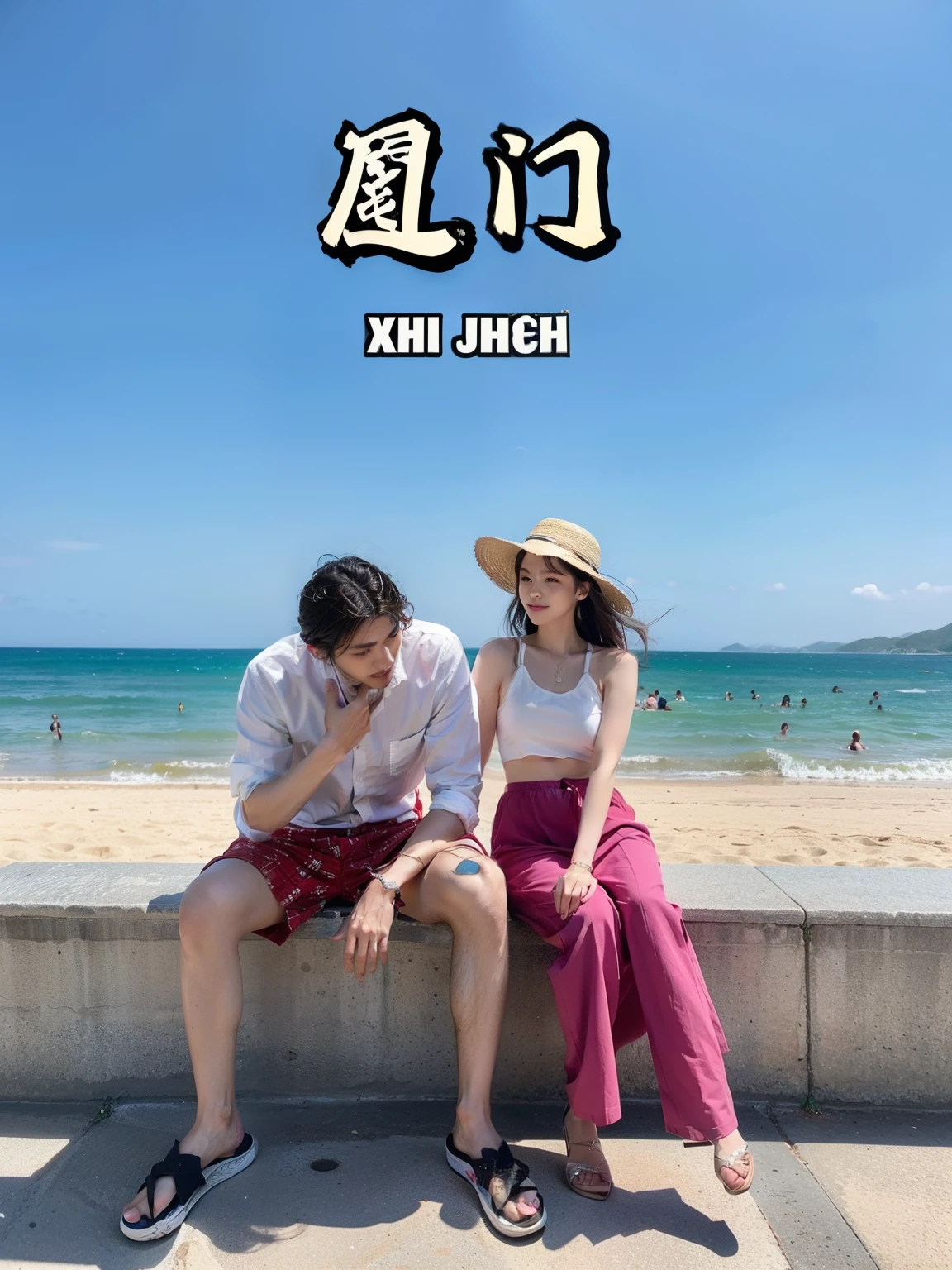 There was a man and a woman sitting on a bench by the beach, sha xi, mememe, Middle Metaverse, cai xukun, husband and wife, jia, Height 165 cm, 千 葉 雄 大, Height 155 cm, full body xianxia, 19xx year, 💣 💥, xianxia