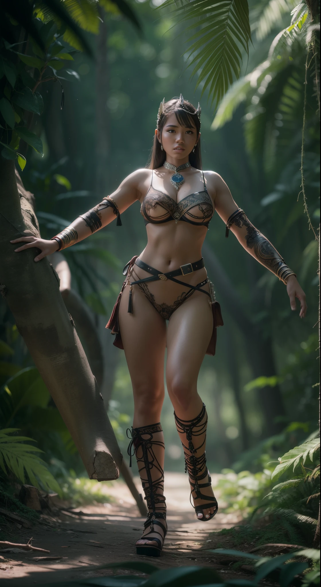 Perfect and beautiful body (don't have clothes) Amazon Princess Warrior 20 Years Old, Walk in the jungle, perfect compositions, s the perfect face, eyes in silhouette, centered image, ultra - detailed, wide angles, octaneratingrendering, Volumetriclighting, brokenglass, intricately details, epic, gallant, 3D images, 32K resolution. styled: Cinematic 50mm lens, Aperture F2.5, full frame