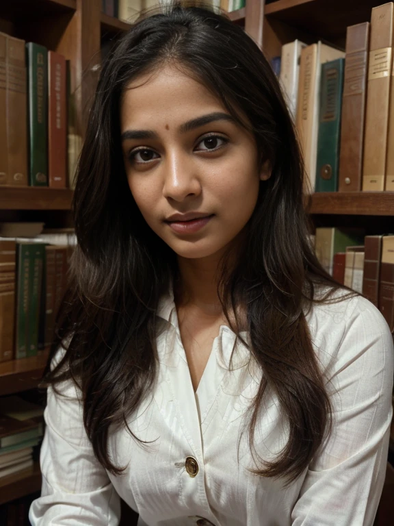 (best quality, ultra-detailed, realistic:1.37), professional, beautiful detailed eyes, beautiful detailed lips, detailed facial features, natural skin tones, perfect skin texture, delicate facial expressions, image in high resolution, realistic face, realistic skin, plain face, natural smile, highly detailed hair, 18yo, (Kiran, beautiful Indian young woman), excels in academic pursuits, dressed in smart and studious attire like a blazer and trousers, surrounded by books and engaged in intellectual activities. The high-resolution image captures ultra-detailed realism, highlighting Kiran's captivating eyes, expressive lips, and graceful facial features. The library or university setting creates a visually stunning representation of Indian dedication to education and the pursuit of knowledge.