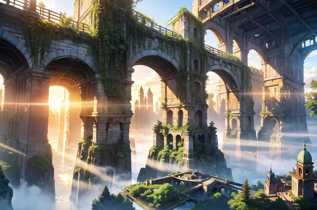masutepiece, Best Quality,Ultra-detailed, fine detailed, 8K, Scenery, landscape, No humans, Wide Shot, Wrapped in thick fog, twilight sky, Multiple large floating islands, Multiple towers of various sizes, Ancient buildings, Ancient  bridge, Ruins, Cityscape, forest, Waterfall, Nature, ray tracing, refraction
