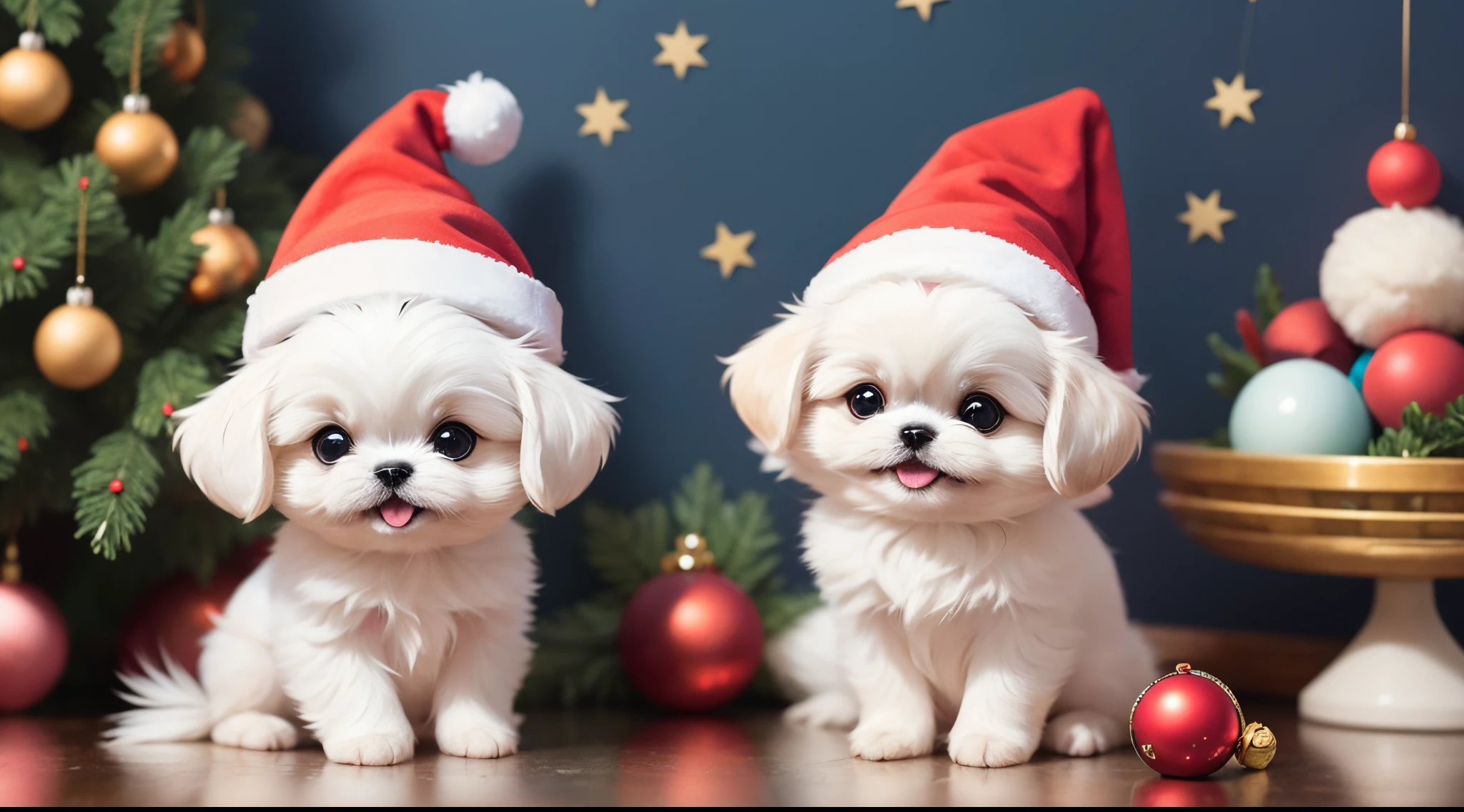 3D vector art、Colorful cute white pekingese dog、wearing a christmas hat, cute christmas present, Ultra-realistic high quality, Cute and quirky, Fantasy Art, Watercolor effect