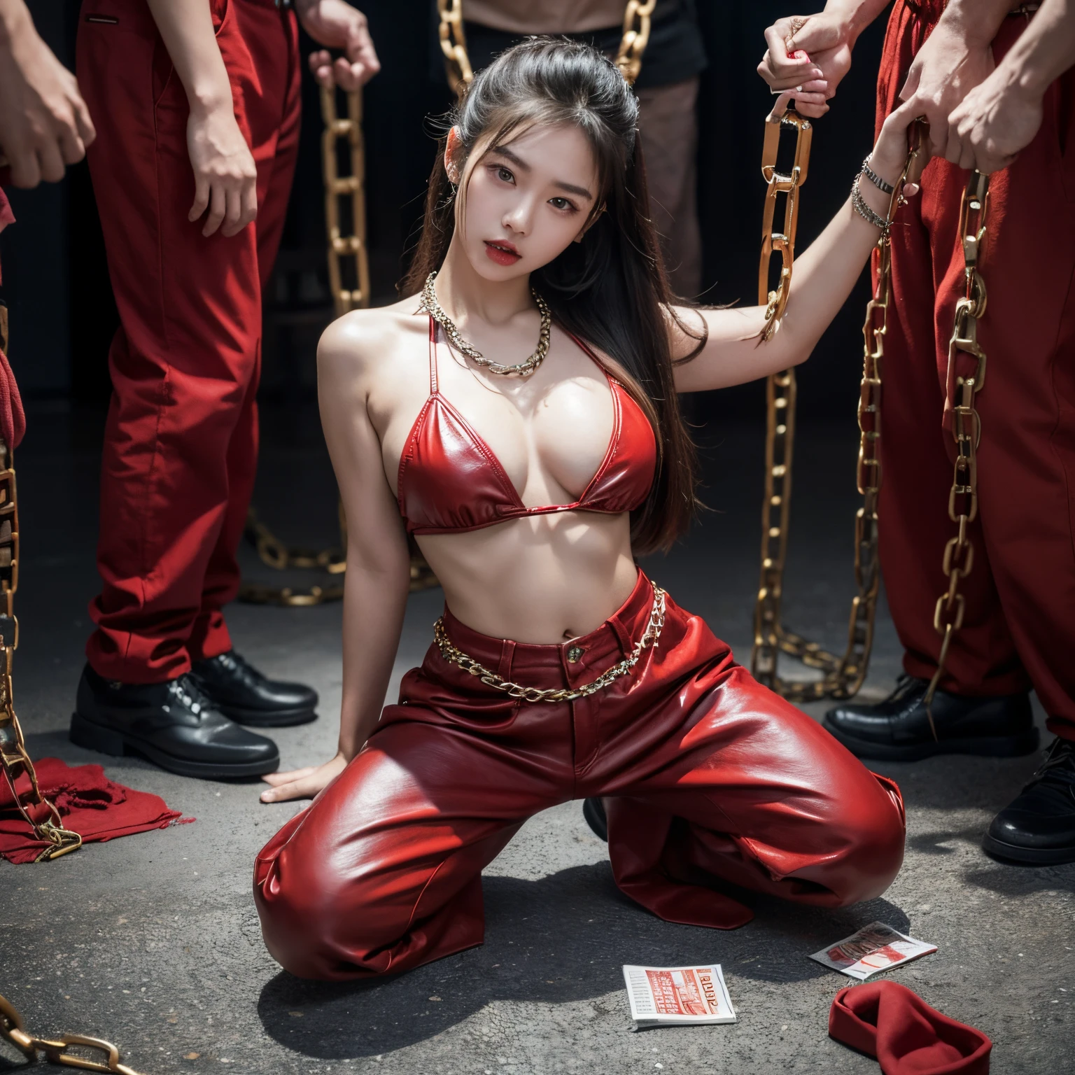Asian ,red none,Crotchless pants nails,caught in the middle,hands tied behind her back,The body bound by chains,Kneeling and begging for mercy,Background with,The chain wrapped around the body,torture,leather whip,blood stain,agony,sad,weeping,tear drop,out your tongue,Big breasts that expose the,hit hard,A slap in the face,Group of elderly men in the background