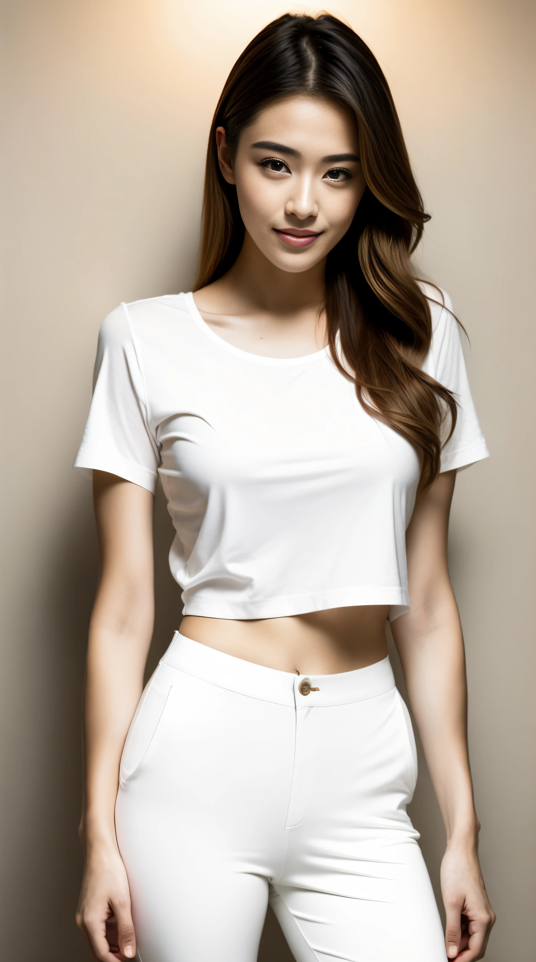 Fashion model 20 years old [[[[Close-up cleavage]]]], [[[[climaxing]]]], [[[[rapeseed]]]], [[[[shoulder]]]], perfect  eyes, Perfect iris，perfect lips，perfect teeth，Perfect Skin，soft front lighting，glowing light，HighDynamicRange，Pure white costume，tee shirt，Cropped pantully body photo，4K Ultra HD, 超高分辨率, (realistically: 1.4), Best quality，tmasterpiece，Ultra-diluted，（pastel colour：1.2）