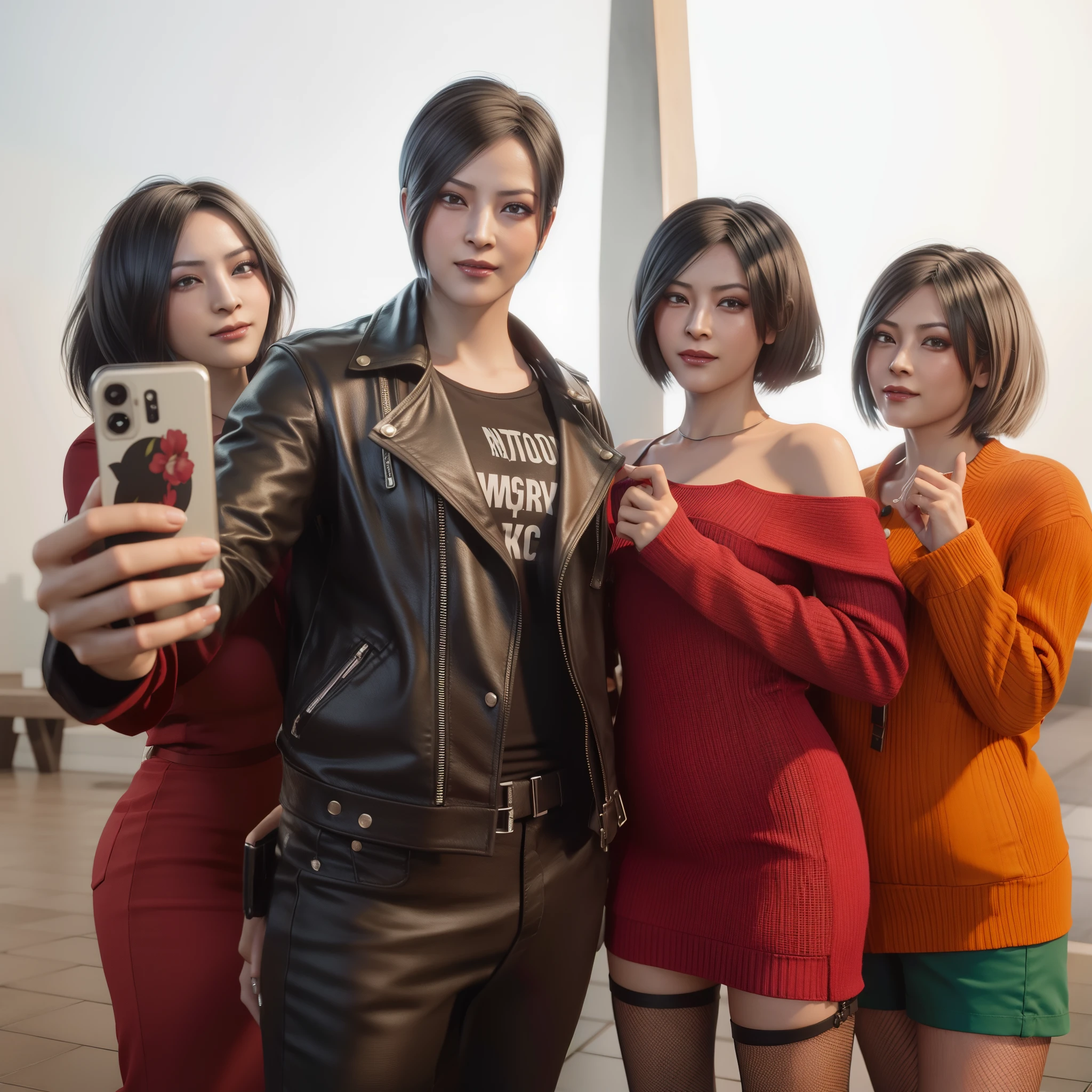 Ada wong 25 old years, short bob hair, wearing t-shirt, happy expression, little smile, selfie style
