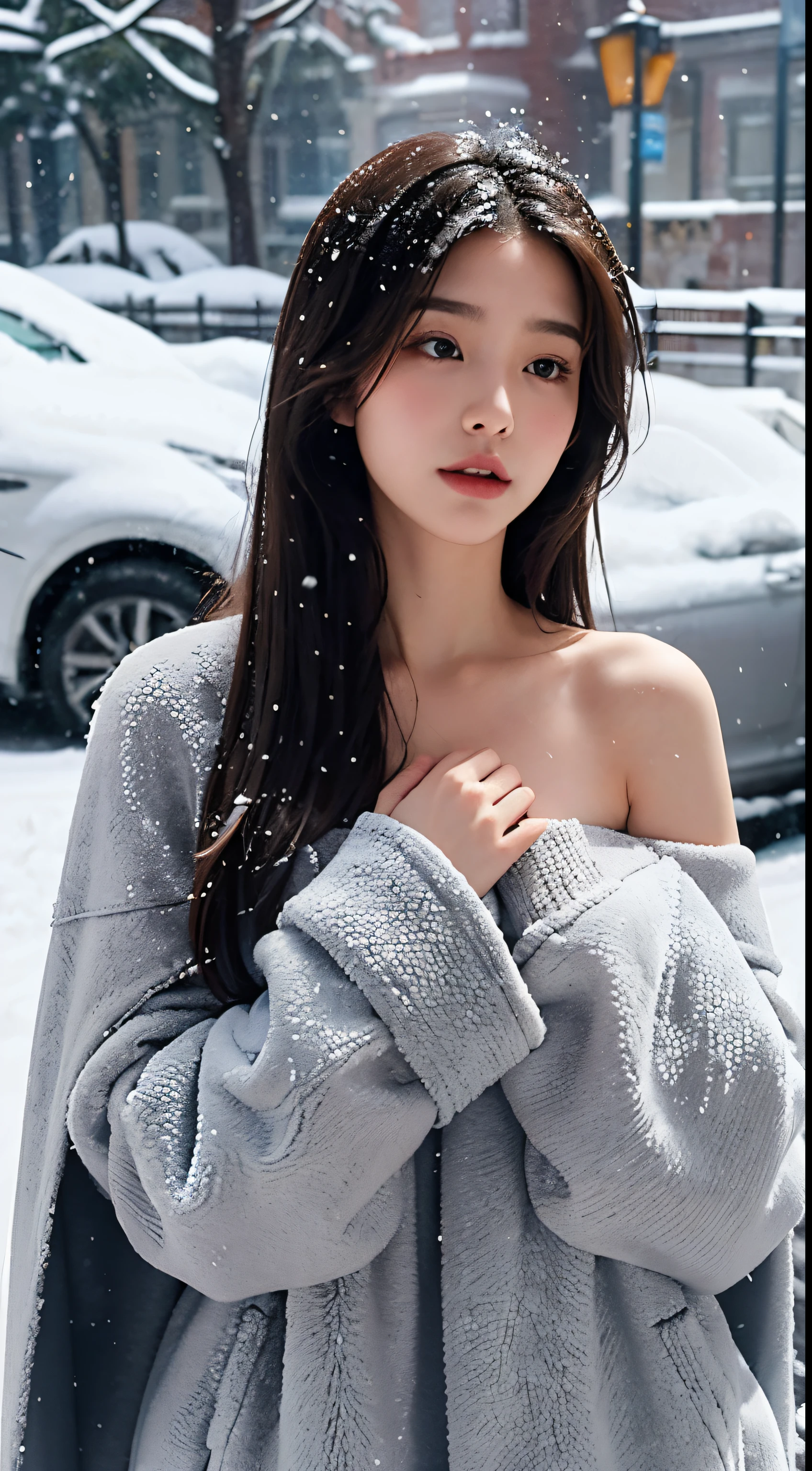 The girl covered her chest with both hands, Strategically cover your chest,Medium Booover your chest with your fingers,Less clothes,Bare shoulders,Outside,Heavy snowfall,Thick fur cape,Cover with snow