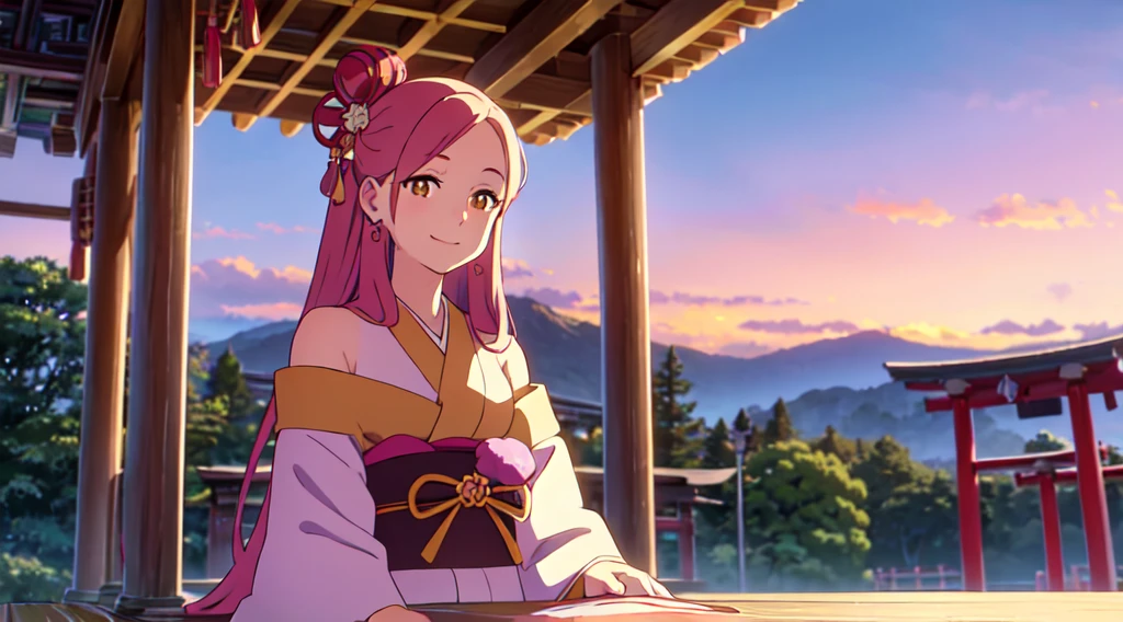 masterpiece, best quality, 1lady, solo, long pink hair, parted bangs, forehead, (Japanese hair ornament), yellow eyes, earrings, day, Vast sky, beautiful skyline, Japanese off-shoulder Kimono, Shrine, smiling