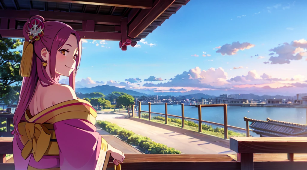 masterpiece, best quality, 1lady, solo, long pink hair, parted bangs, forehead, (Japanese hair ornament), yellow eyes, earrings, day, Vast sky, beautiful skyline, Japanese off-shoulder Kimono, Shrine, smiling