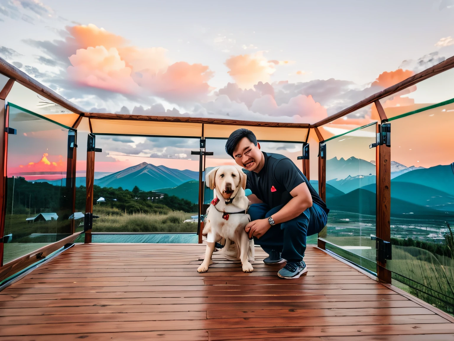 A man and a Labrador kneel on a wooden deck, The photo shows a large, yiqiang and shurakrgt, With mountains as a backdrop, with his hyperactive little dog, Shot with Sony alpha 9, Shot with Sony A7R camera, With mountains as a backdrop, Lab in the background, at the summit