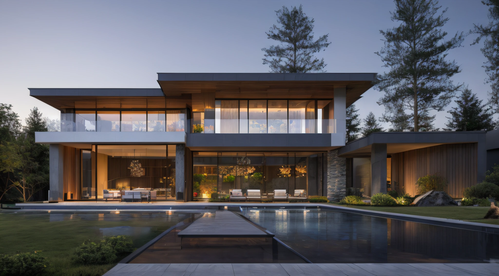 modern house, large yard, beautiful view, surrounding trees, one-story house, flat roof, large windows, wood materials, concrete and glass, glass railings, surrounded by trees, lawn , large sliding glass doors, large outdoor fireplace, beautiful flat roof, linear straight line,
sunset light, neutral colored lights, beautiful, cloudy sky, swimming pool in front of the house, landscape,plain terrain, RAW photo, subject, 8k uhd, dslr, soft lighting, high quality, film grain, Fujifilm XT3