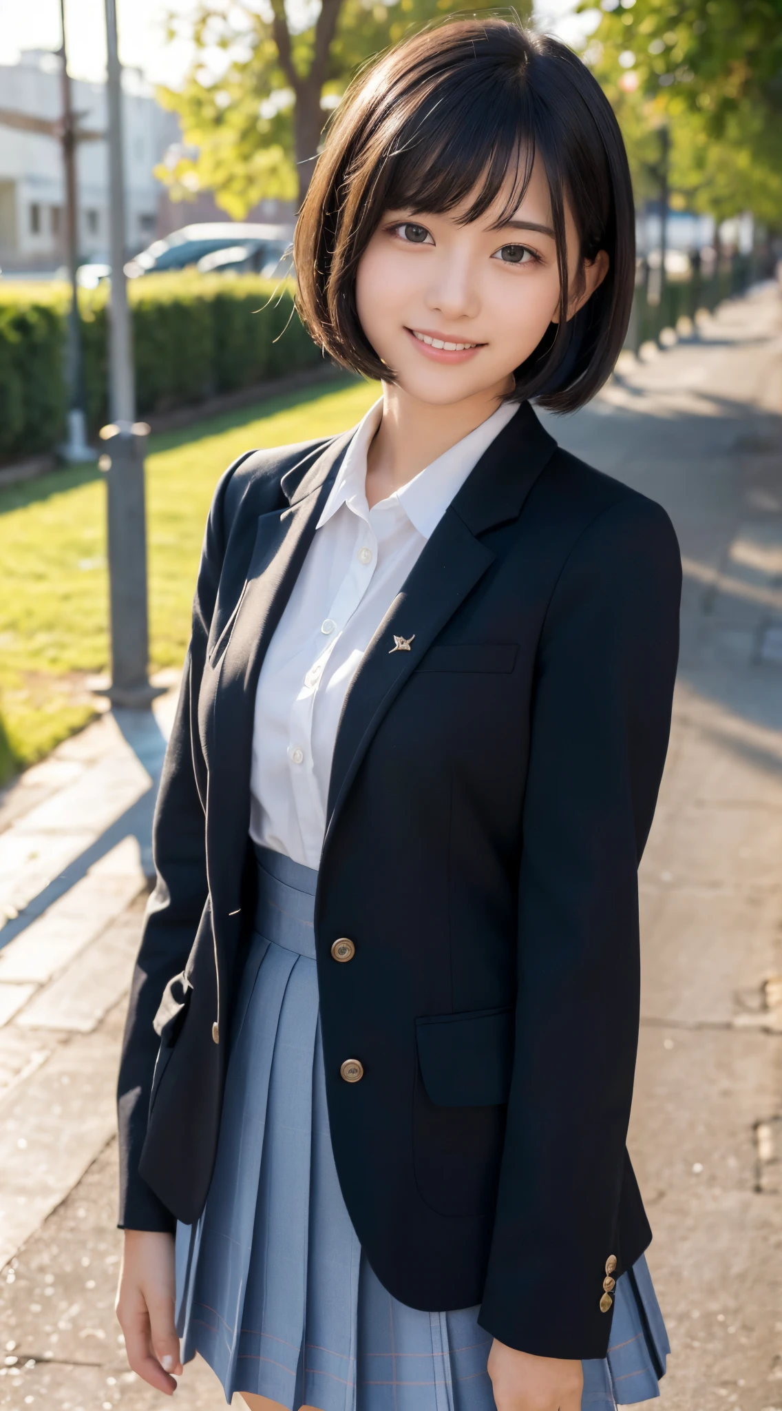 (top-quality,8K picture quality,masterpiece:1.3),(超A high resolution,Photorealsitic:1.4,Raw photography),(ultra-detailliert,Caustics,Detailed background),(Ultra-realistic capture,Beautifully detailed skin,perfect anatomia),at the sunset,school classrooms,18year old,kawaii,Single eyelid,Black hair short bob,School Blazer Uniform,Looking at the camera,A smile,Bust-up shot,natural soft light
