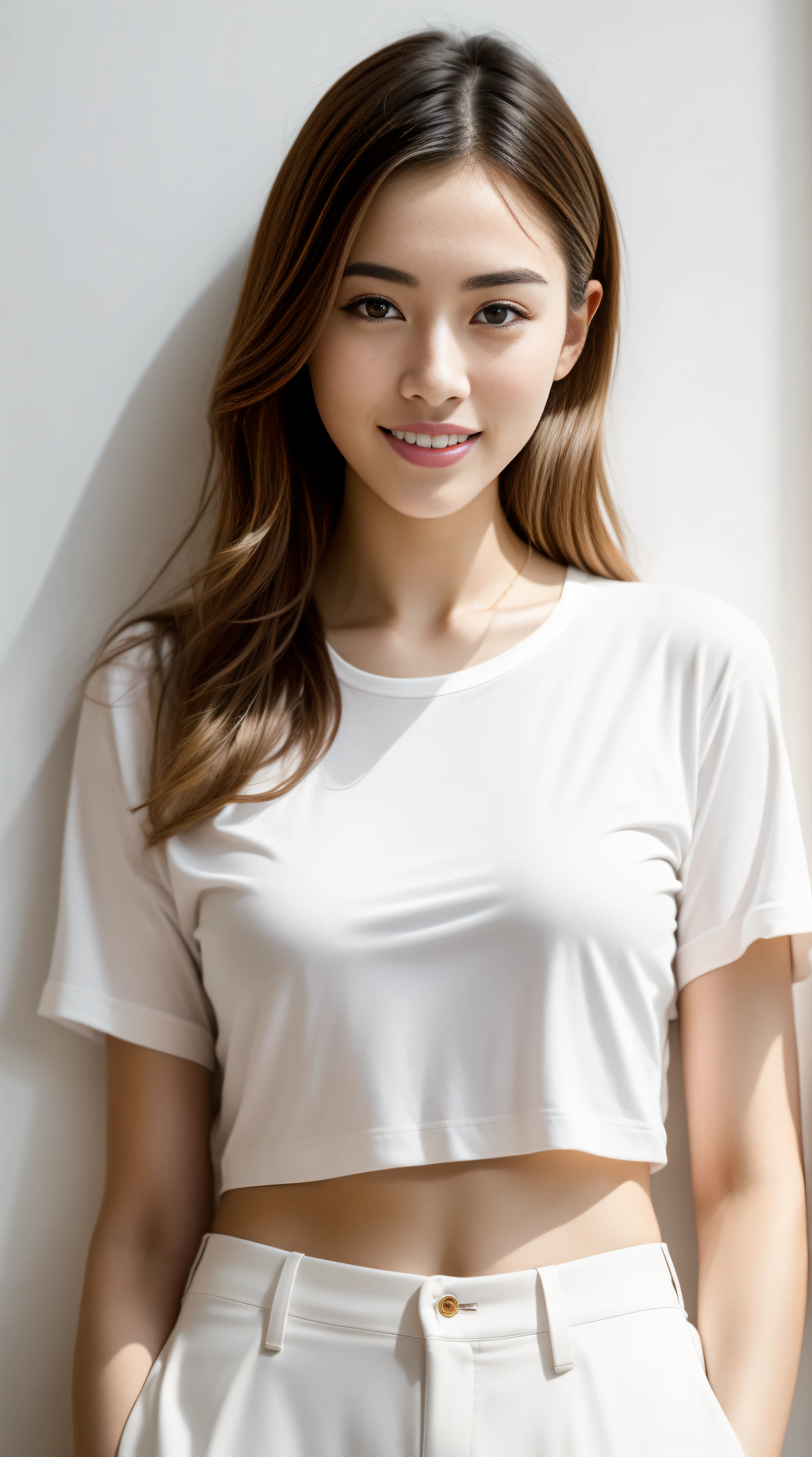Fashion model 20 years old [[[[Close-up cleavage]]]], [[[[climaxing]]]], [[[[rapeseed]]]], [[[[shoulder]]]], perfect  eyes, Perfect iris，perfect lips，perfect teeth，Perfect Skin，soft front lighting，glowing light，HighDynamicRange，Pure white costume，tee shirt，Cropped pantully body photo，4K Ultra HD, 超高分辨率, (realistically: 1.4), Best quality，tmasterpiece，Ultra-diluted，（pastel colour：1.2）