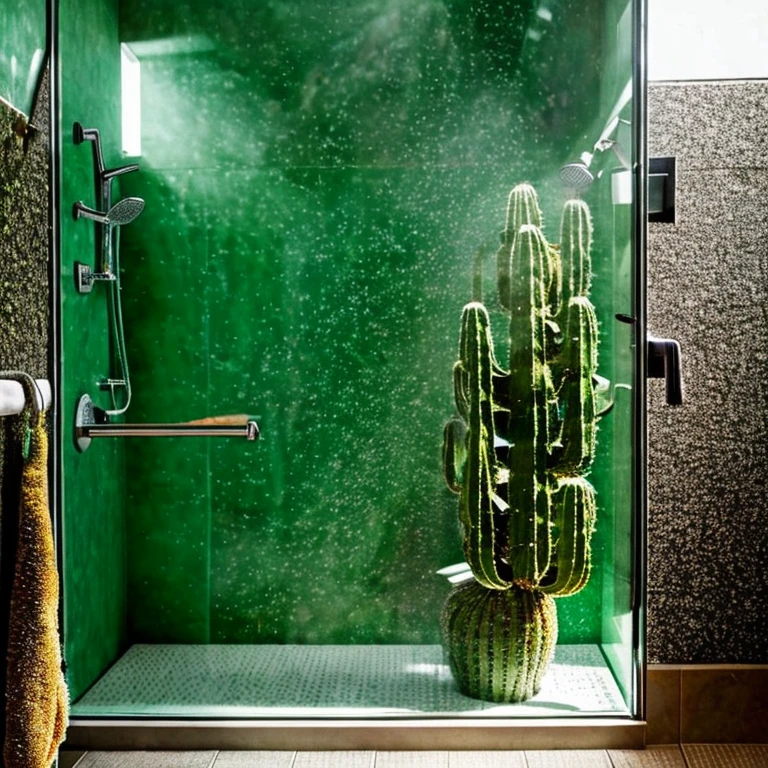 A picture of the cactus in the shower cabin, shower, single cactus