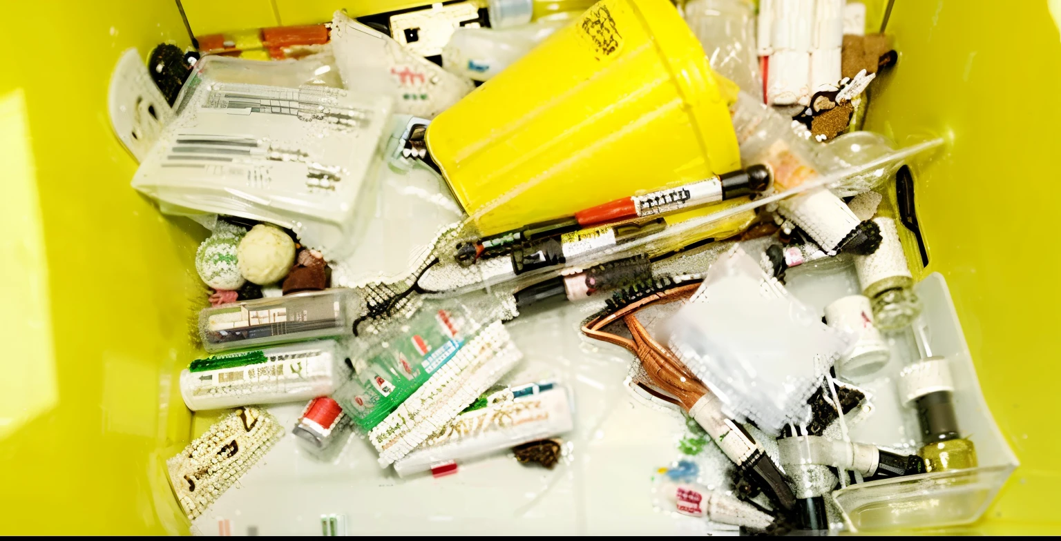 arafed yellow container filled with assorted medical supplies, blood collection vials, pathology sample tubes, syringes, surgical supplies, medical supplies, handling laboratory equipment, medical labels, sterile colours, vials, small vials and pouches on belt, synthetic materials, surgical impliments, in a cluttered lab, scientific specimens, medical laboratory