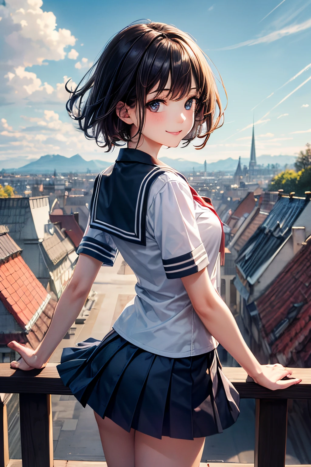 very cute and beautiful school girl,(highly detailed beautiful face and eyes:1.2),(cowboy shot),
smile,black hair,seifuku,(mini skirt),dynamic pose,dynamic angle,looking at viewer,
many european houses with red roof,(town overview),
(best quality,masterpiece:1.2),intricate details,solo,8k resolution,natural lighting,
hair fluttering in the wind,beautiful detailed sky,