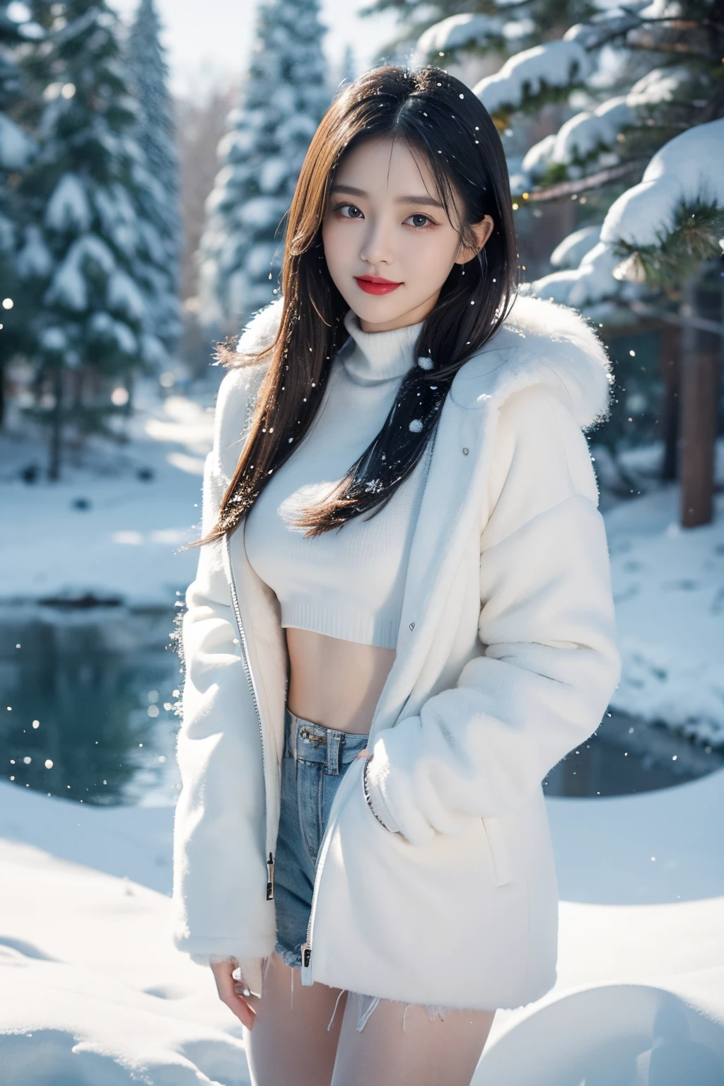 best quality, 4k, 8k, Detailed face, clear face, a pretty girl, Korean makeup, Red lips,laugh, perfect body,shoulder length straight bob hair,big watery eyes,small breasts,thigh,slim,thin, The girl wears a wide white mink fur jacket, Underneath the jacket was White high neck sweater and pantyhose, Snowscape, winter, snow town,from front