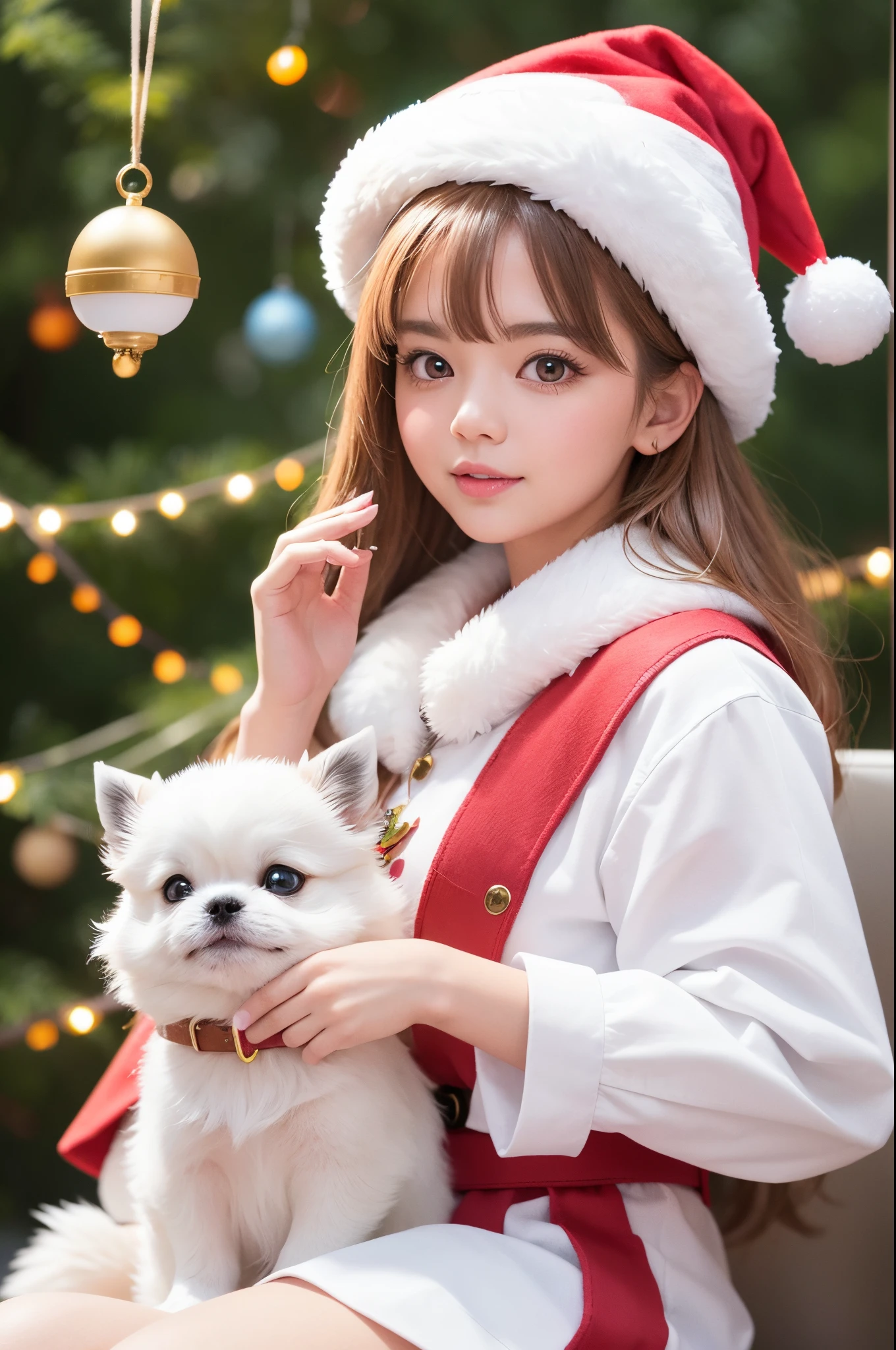 3D vector art、Girl holding a colorful cute white Pekingese dog、（A dog wearing a Christmas hat and saluting,The collar has a bell、 cute christmas present）, Ultra-realistic high quality,  Cute and quirky, Fantasy Art, Watercolor effect