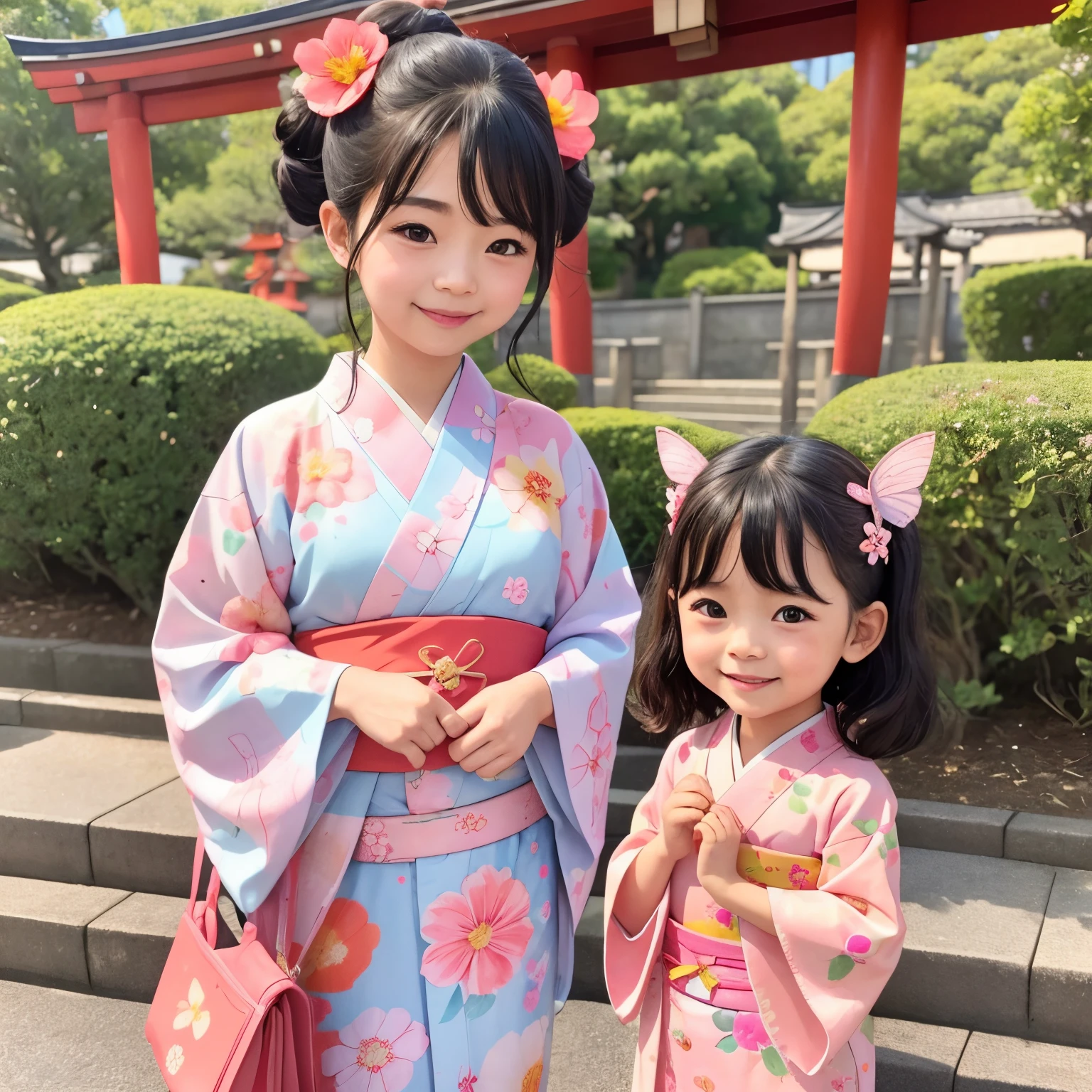 photoRealstic、Japan shrine in the background、３Year old girl、Wearing a kimono to celebrate Shichi-Go-San、Traditional events of Japan、Smile, kawaii pose 、 Super detailed eyelid paint、Floral hair ornament、butterfly hair ornament、on my right hand, I have a bag of Chitose candy、Strong bokeh、Flowers in the foreground