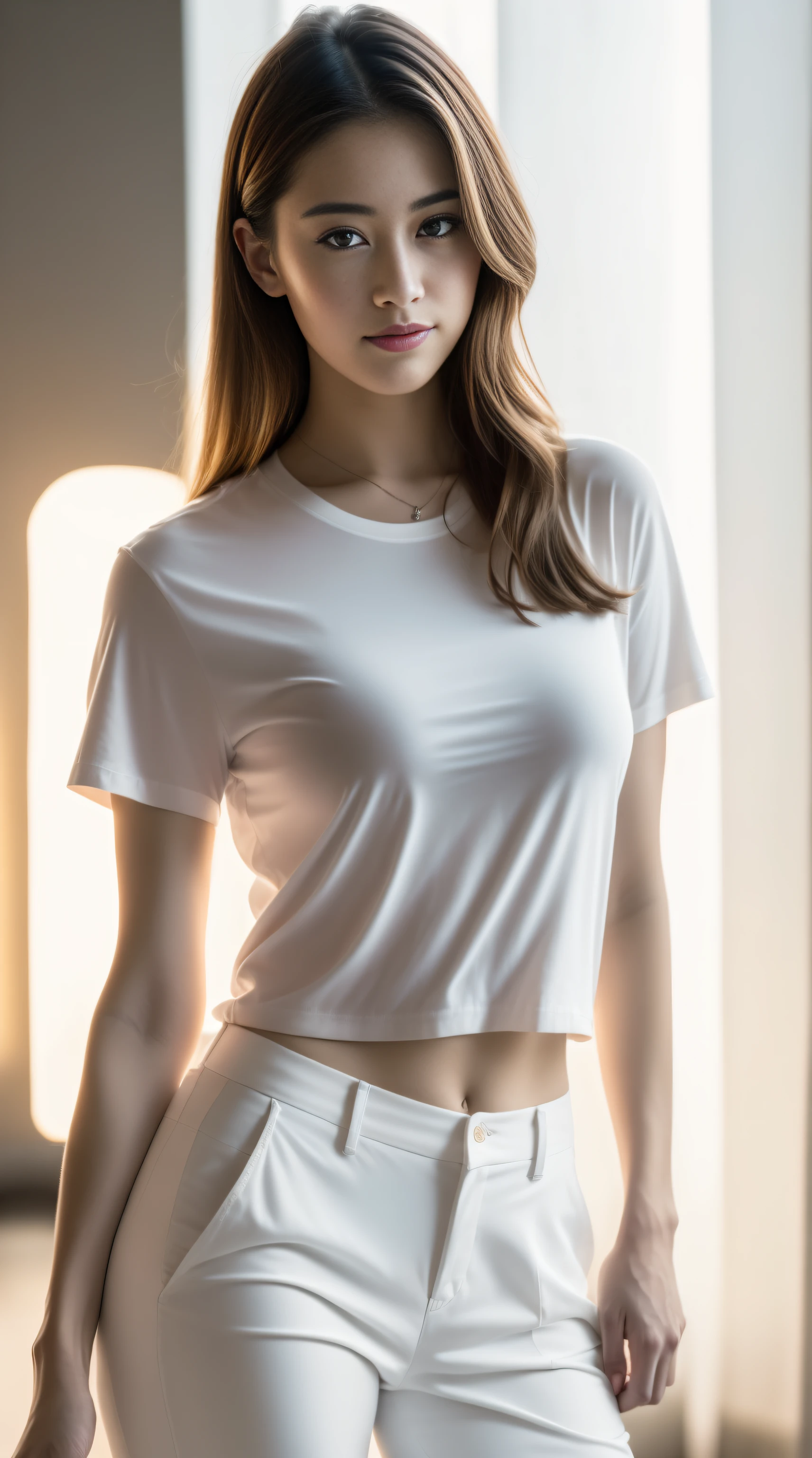 Fashion model 20 years old [[[[Close-up cleavage]]]], [[[[climaxing]]]], [[[[rapeseed]]]], [[[[shoulder]]]], perfect  eyes, Perfect iris，perfect lips，perfect teeth，Perfect Skin，soft front lighting，glowing light，HighDynamicRange，Pure white costume，tee shirt，Cropped pantully body photo，4K Ultra HD, 超高分辨率, (realistically: 1.4), Best quality，tmasterpiece，Ultra-diluted，（pastel colour：1.2）